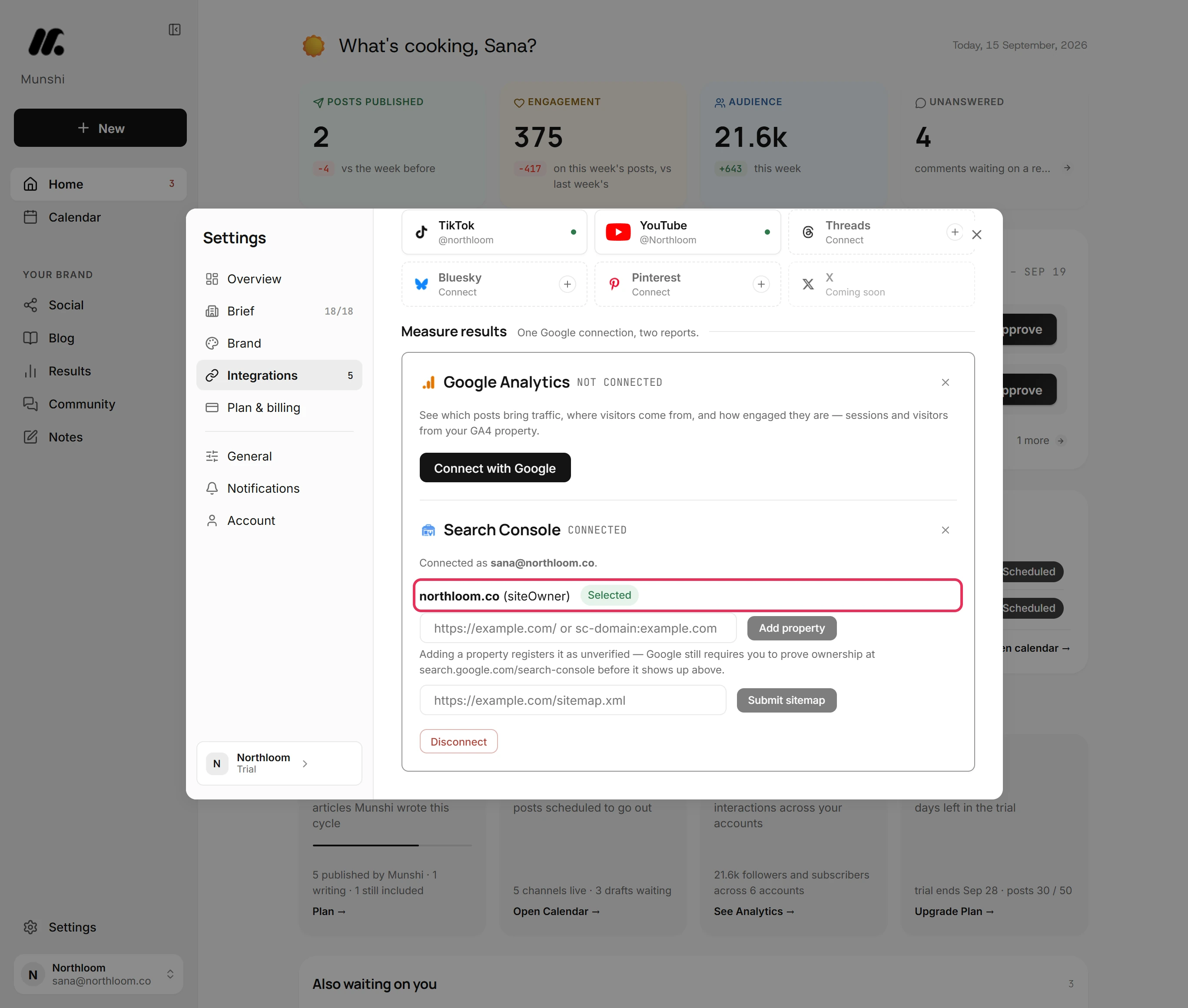 northloom.co (siteOwner) marked Selected in the Search Console panel.