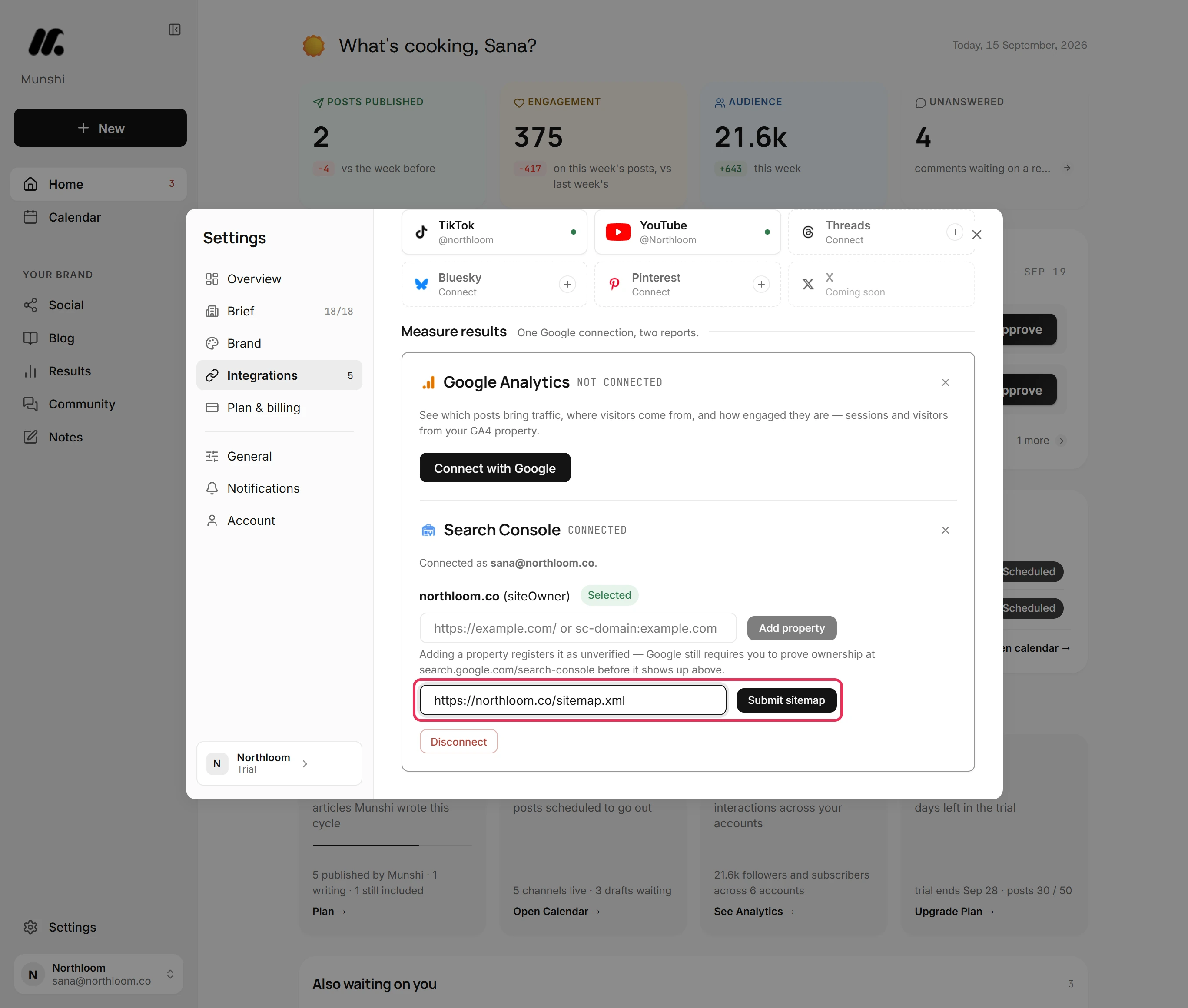 The sitemap field holding https://northloom.co/sitemap.xml beside the Submit sitemap button.