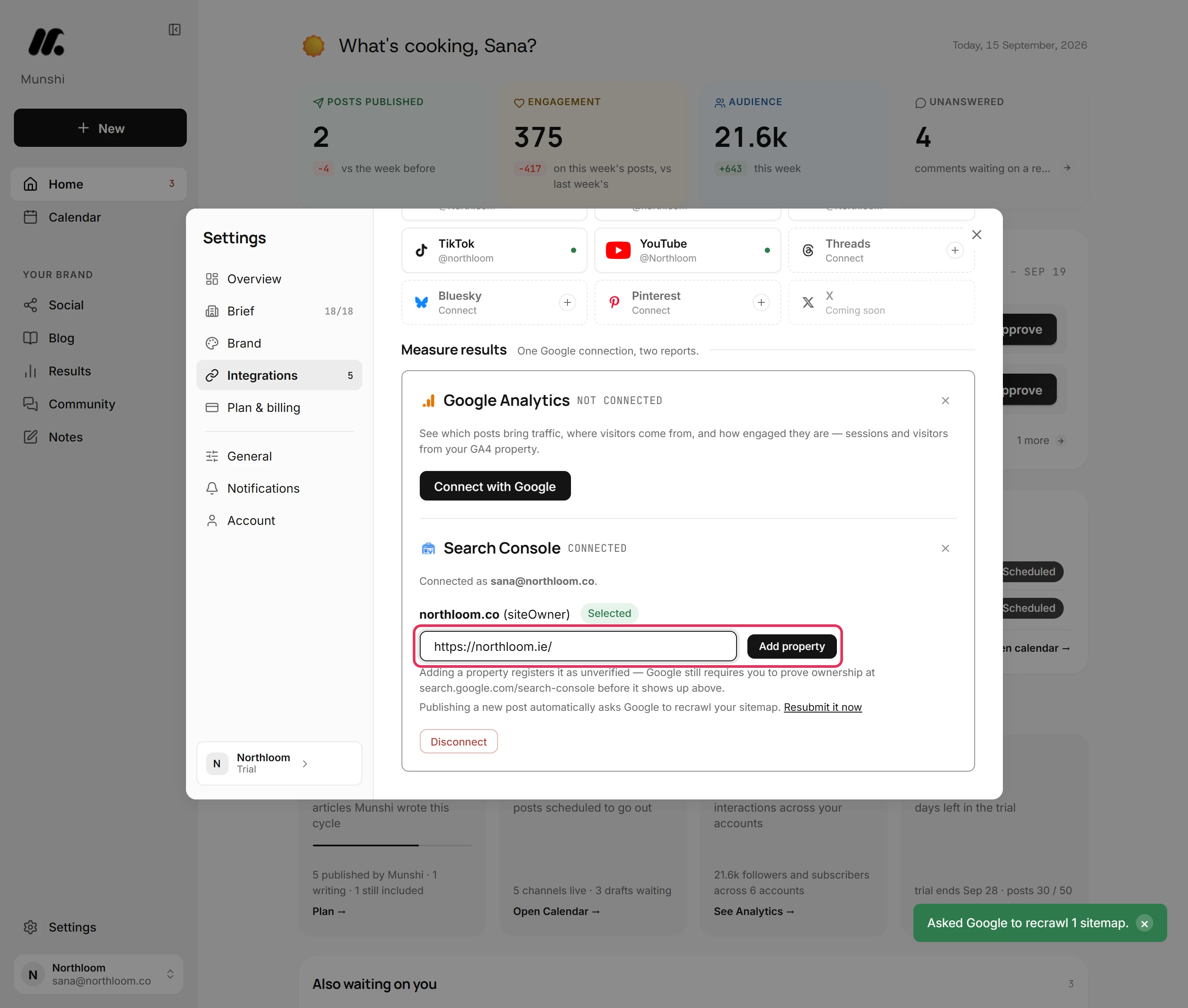https://northloom.ie/ typed in the field beside the Add property button.