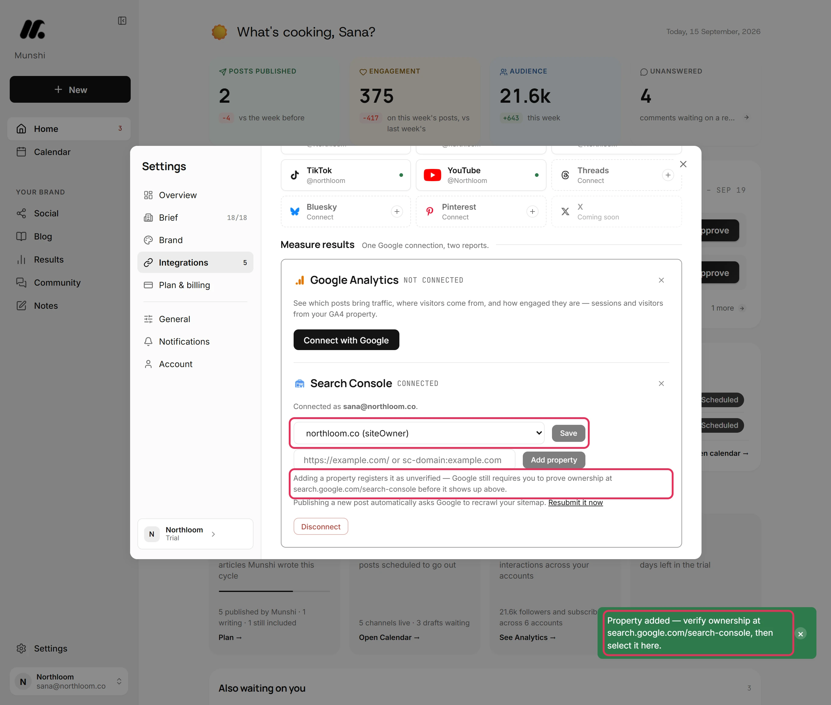 The site list as a menu with Save, a note that a new property stays unverified until you prove ownership at search.google.com/search-console, and Property added.