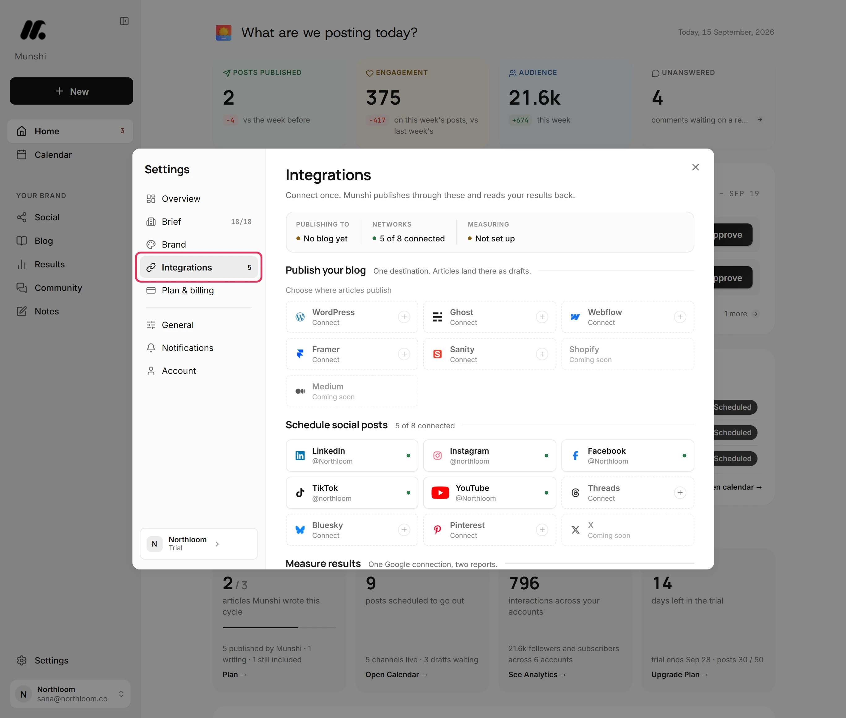 The Settings dialog open on Integrations, with the Integrations tab outlined.
