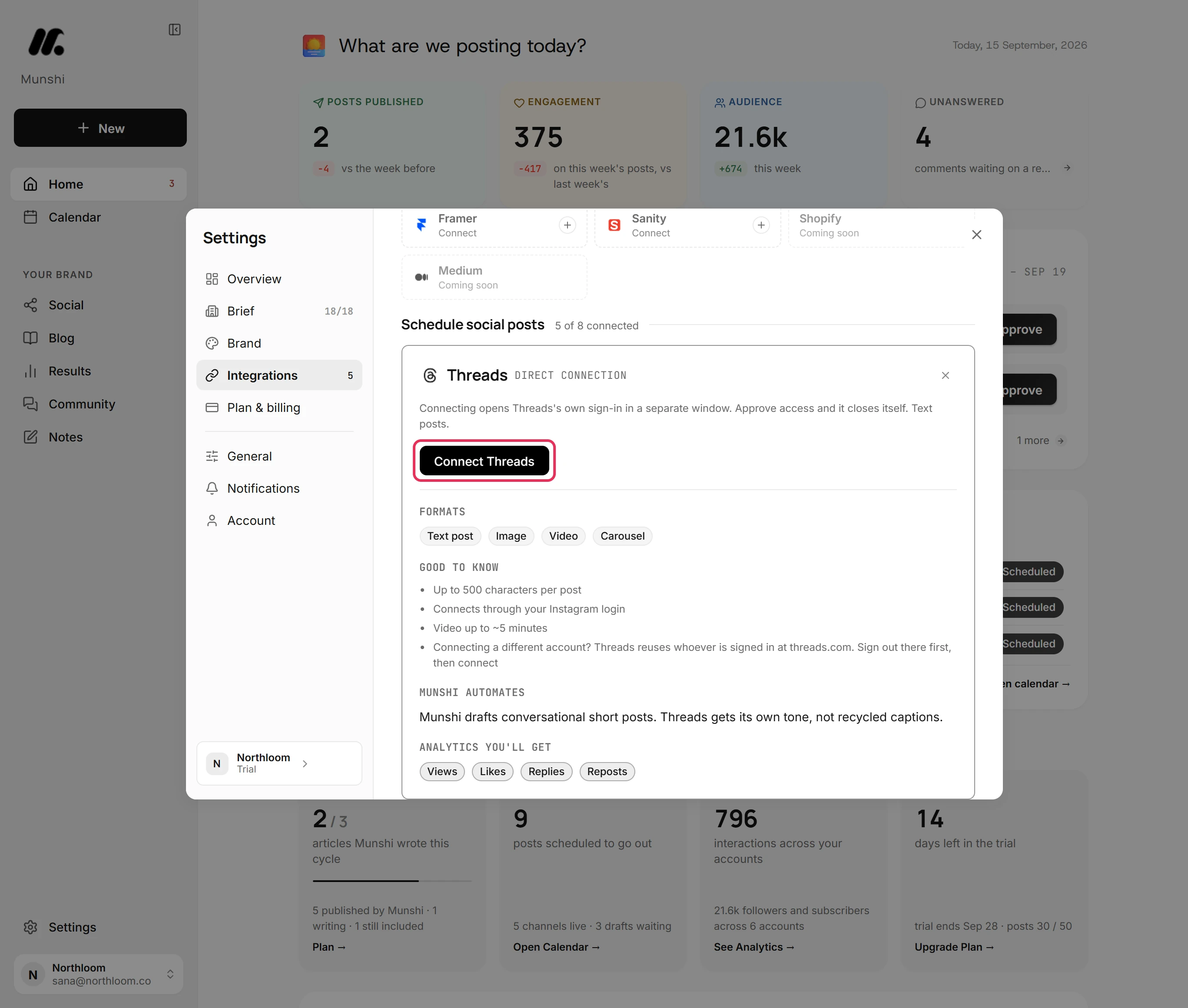 The Threads card open in Integrations, with its Connect Threads button outlined.