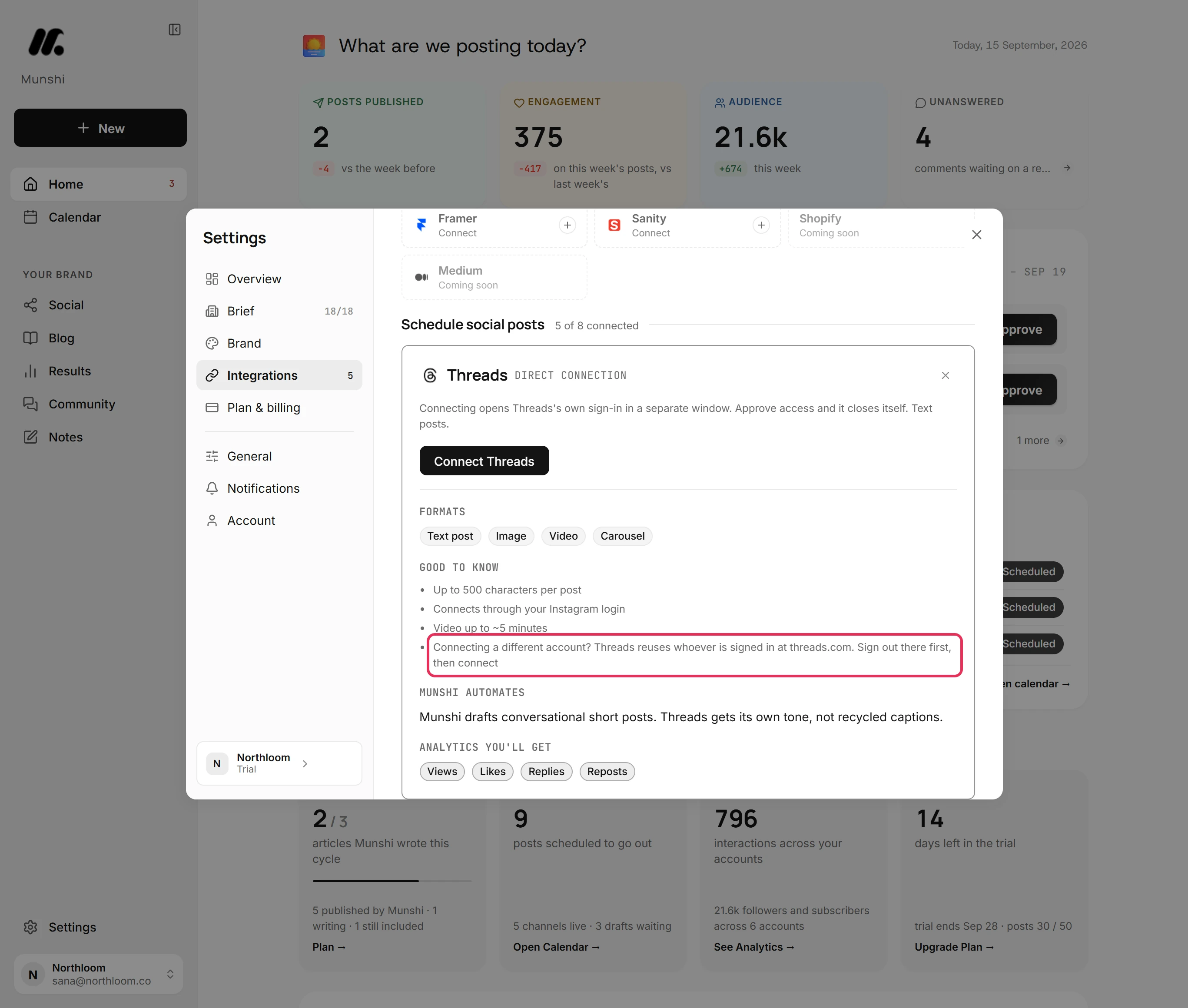 The Good to know list on the Threads card, with the line about the account signed in at threads.com outlined.