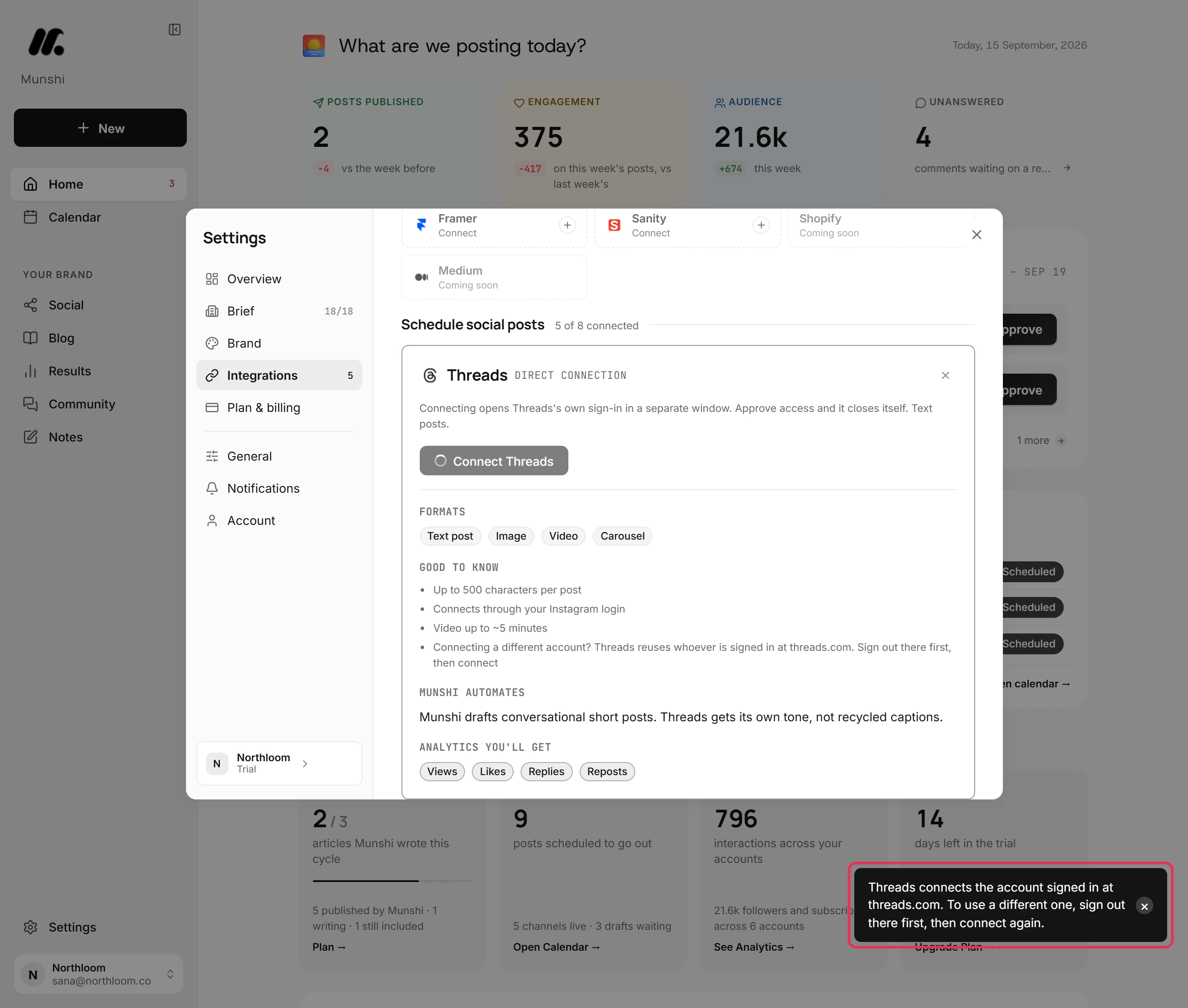 The reminder that Threads connects the account signed in at threads.com, outlined, while Connect Threads waits for the window.