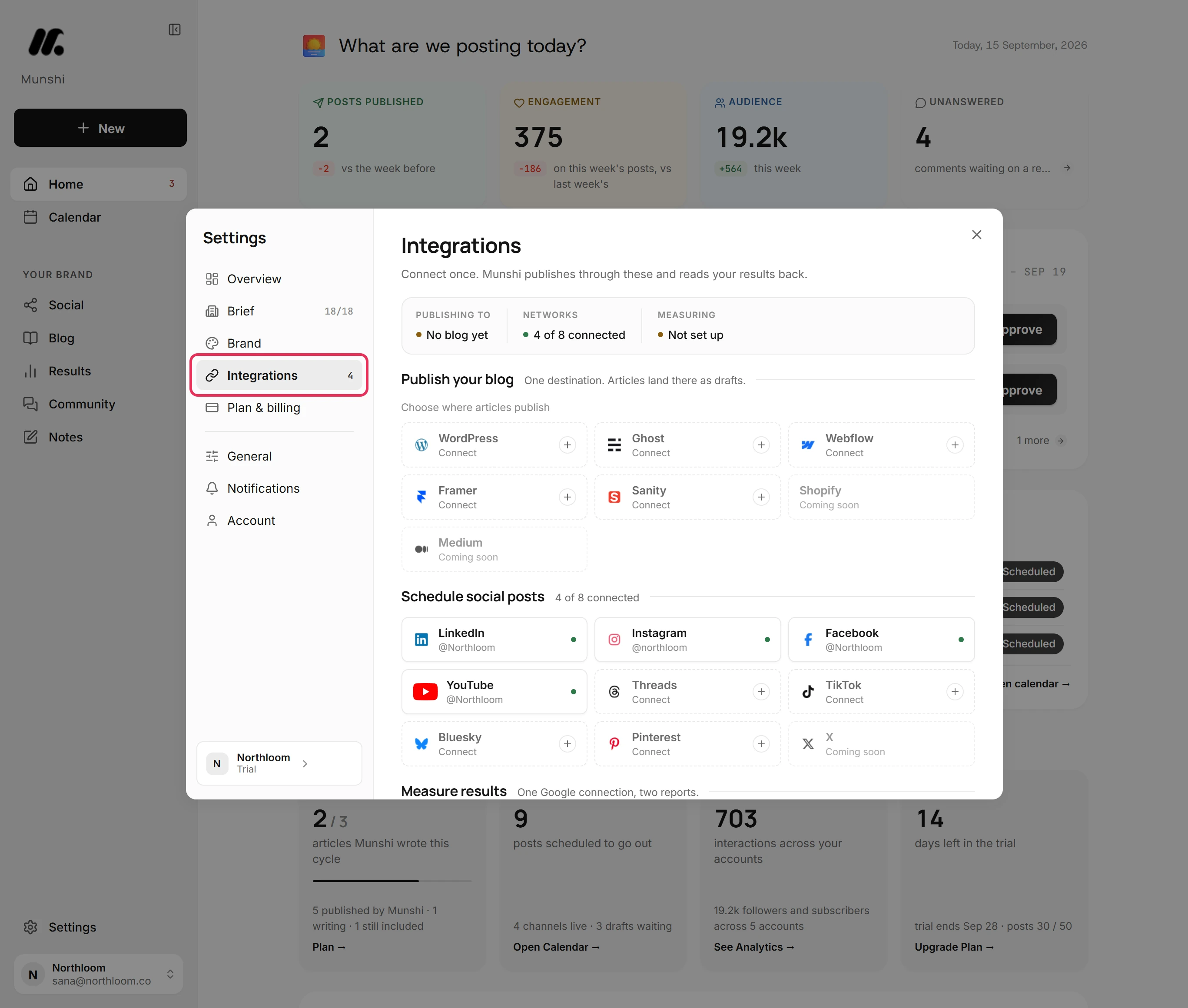 The Settings dialog open on Integrations, with the Integrations tab outlined.