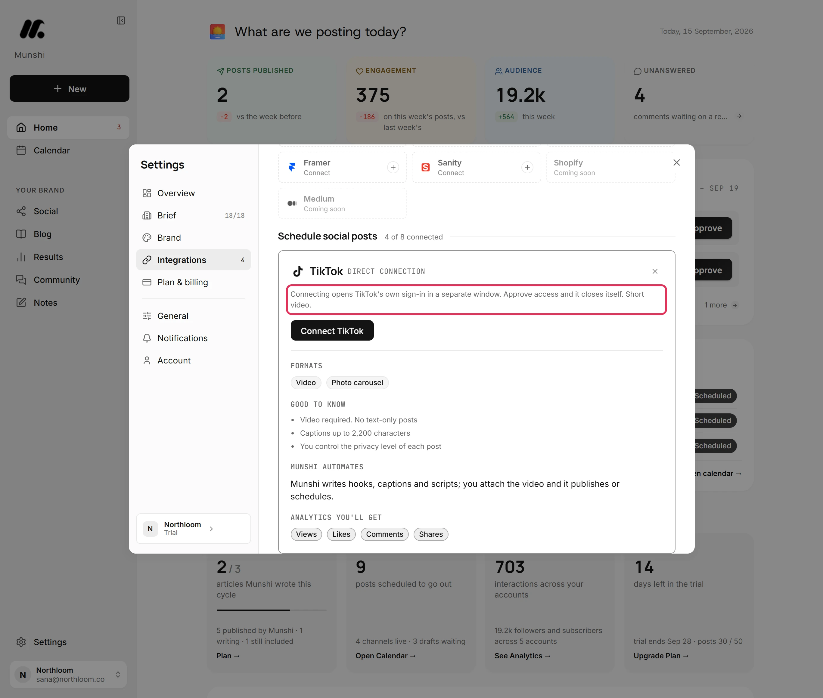 The TikTok card in Integrations, with the line about TikTok's sign-in window outlined.