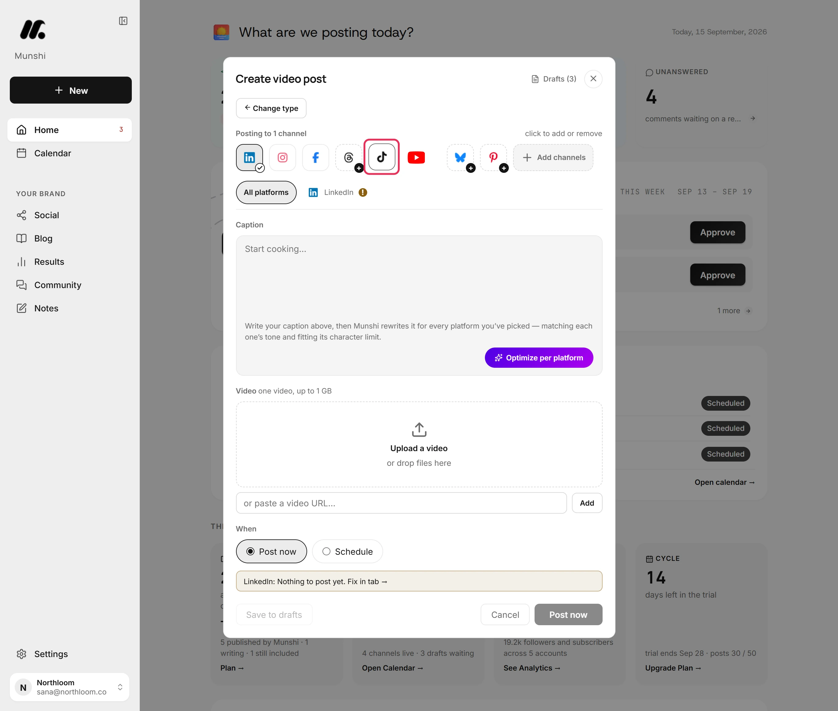 The network row of a new video post, with the TikTok tile outlined.