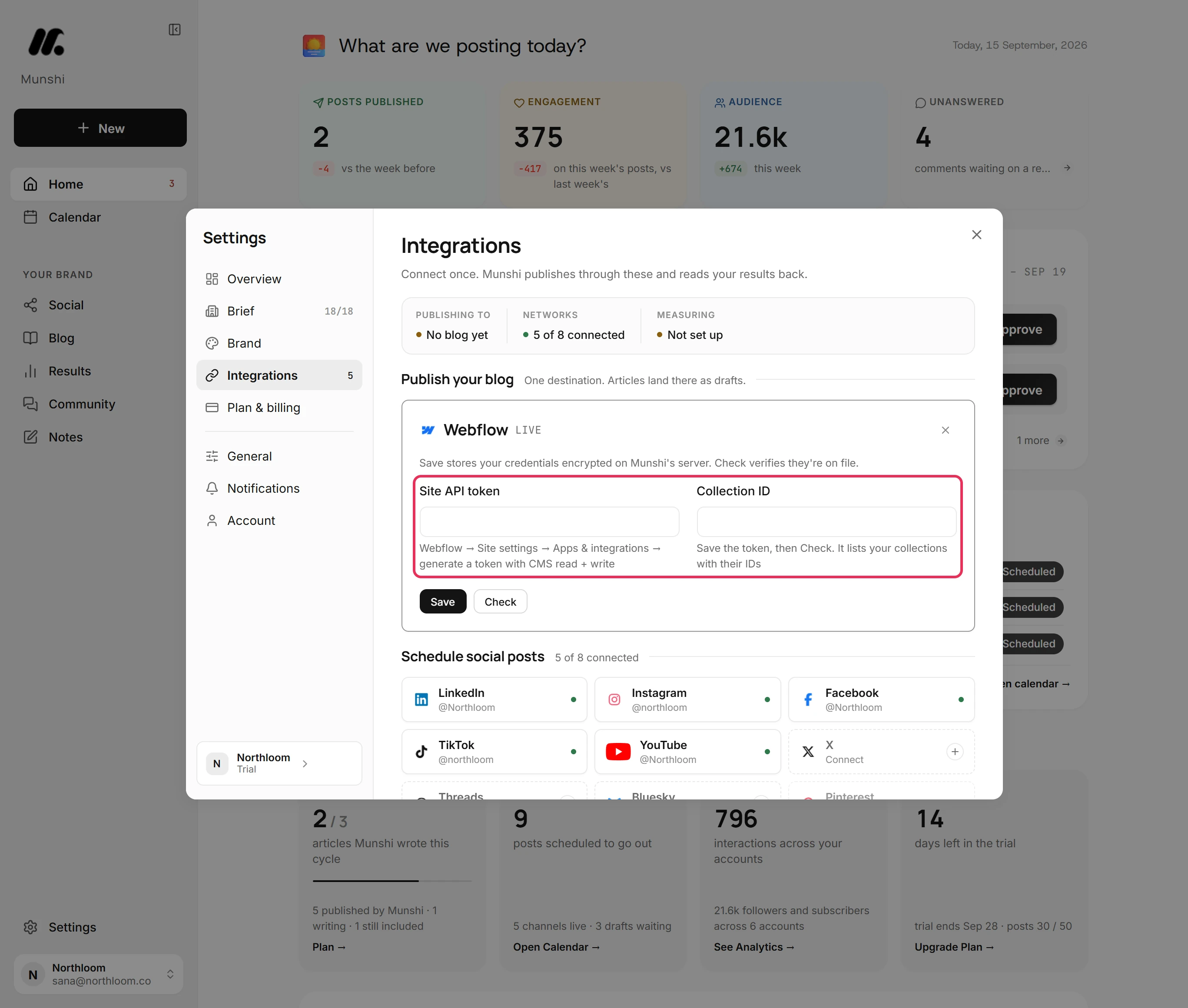 The Webflow card with empty Site API token and Collection ID fields, and help text naming Webflow, Site settings and Apps and integrations.