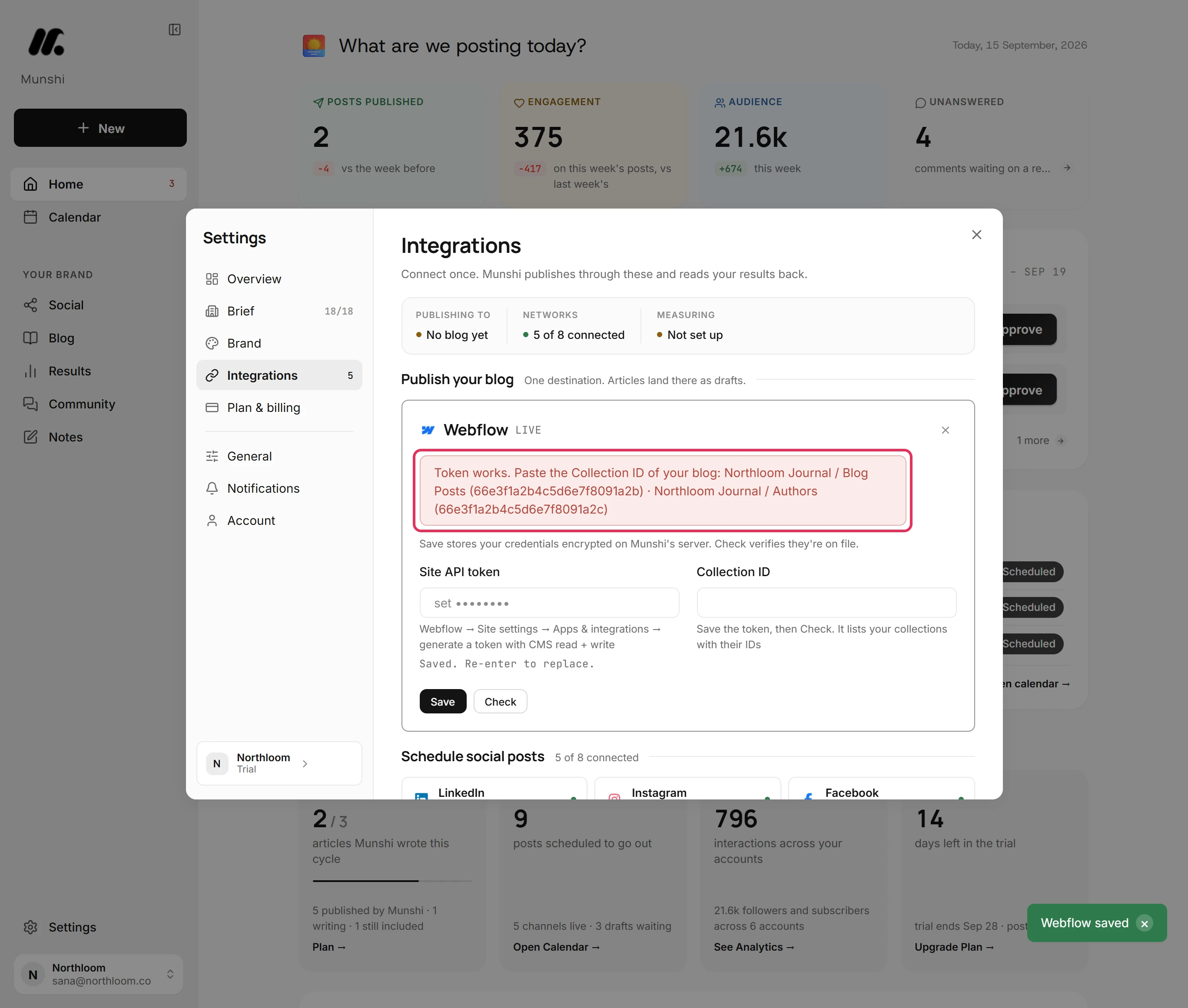 The Webflow card reading Token works. Paste the Collection ID of your blog, listing the Blog Posts and Authors collections with their IDs.