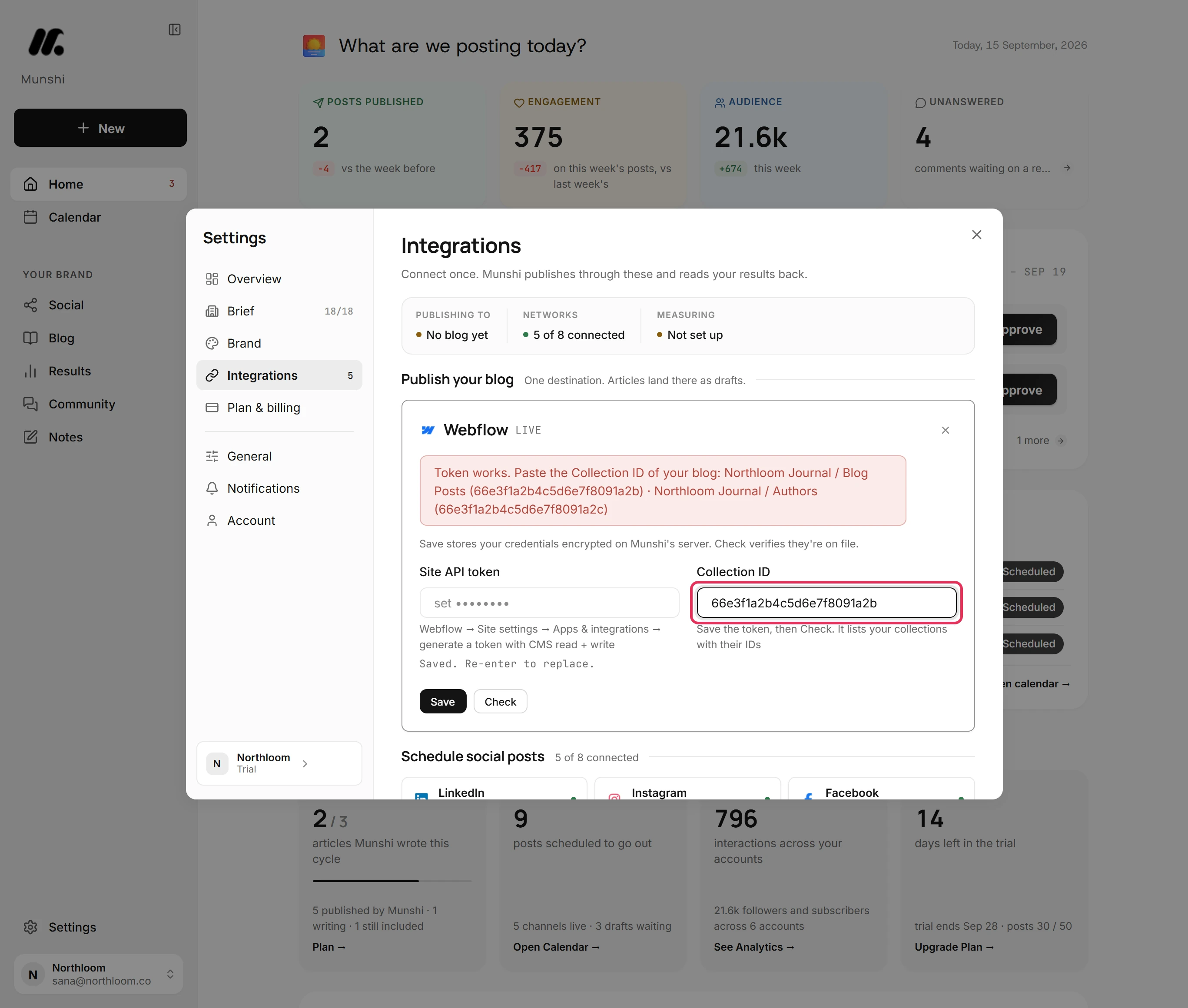 The Collection ID field in the Webflow card filled in with 66e3f1a2b4c5d6e7f8091a2b, copied from the collection list above it.