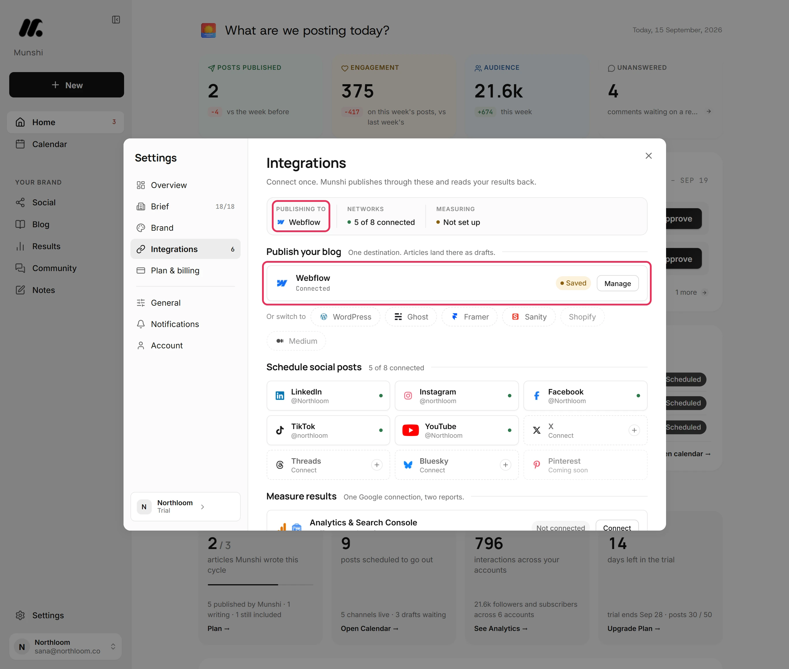 Integrations with Publishing to reading Webflow and the Webflow destination row, both outlined.