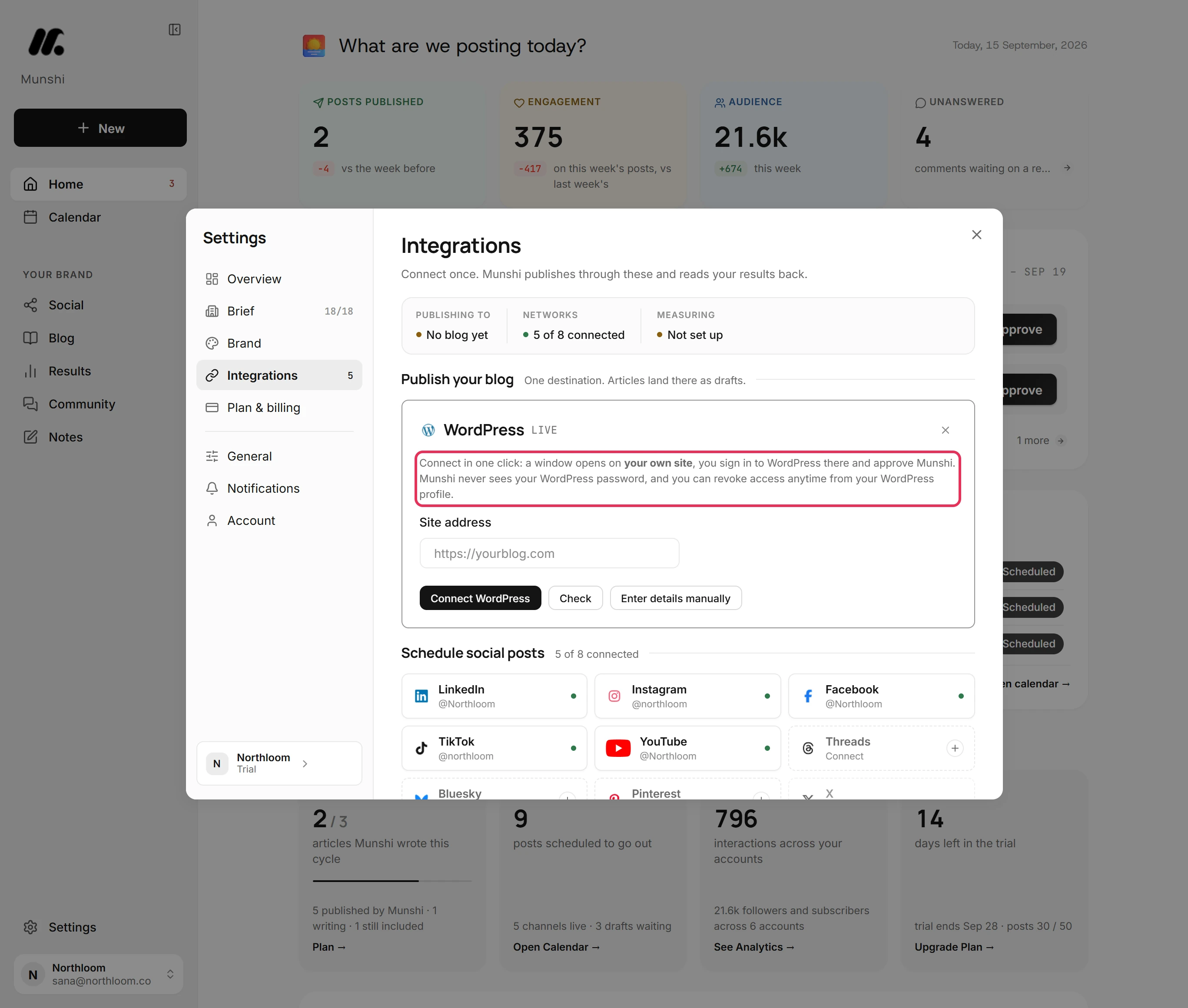 The WordPress card in Integrations, with its explanation of the approve window outlined.