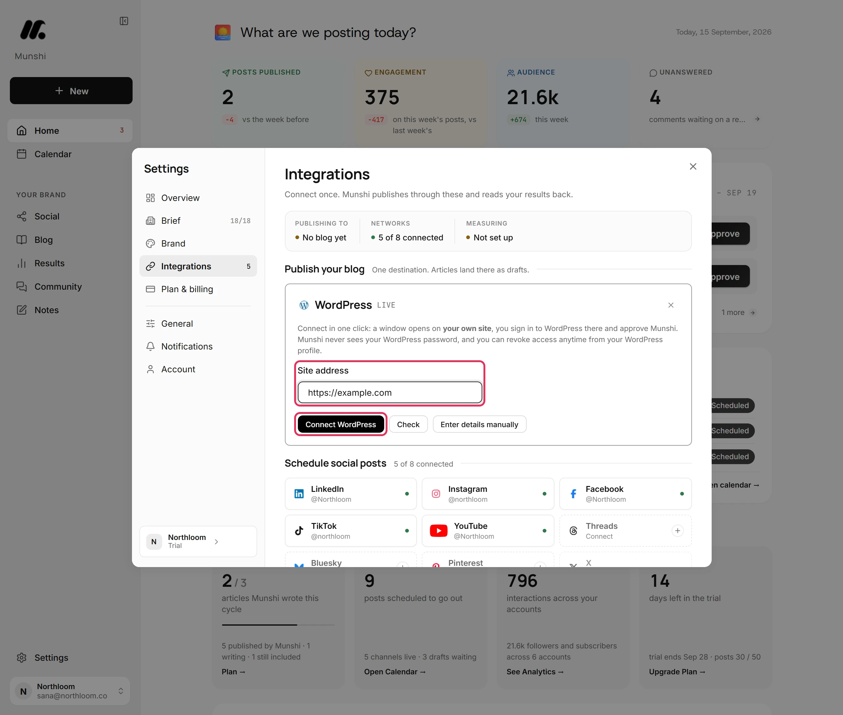 The Site address field with a site typed in, and the Connect WordPress button, outlined.