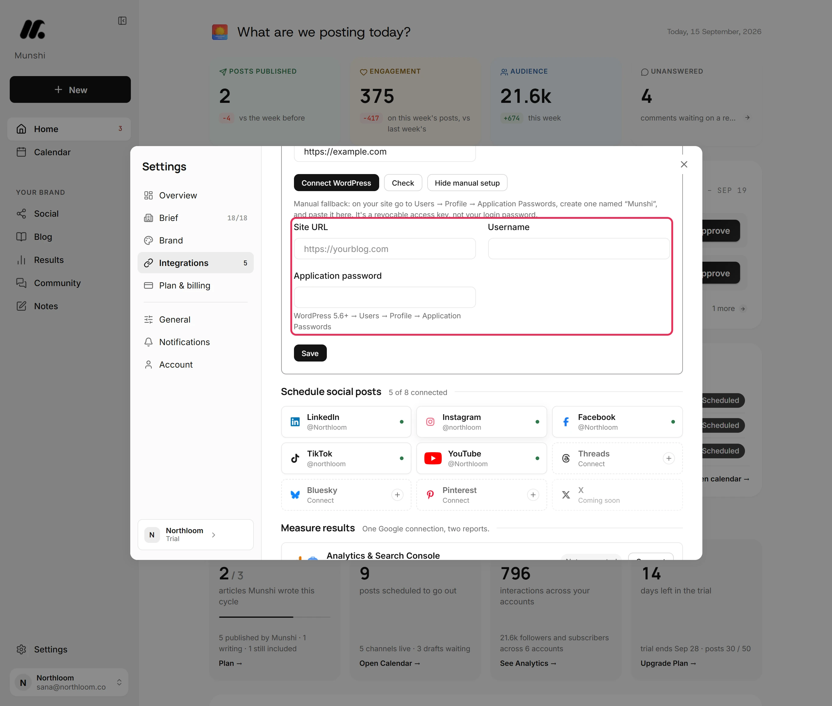 The manual setup under the WordPress card, with the Site URL, Username and Application password fields outlined.