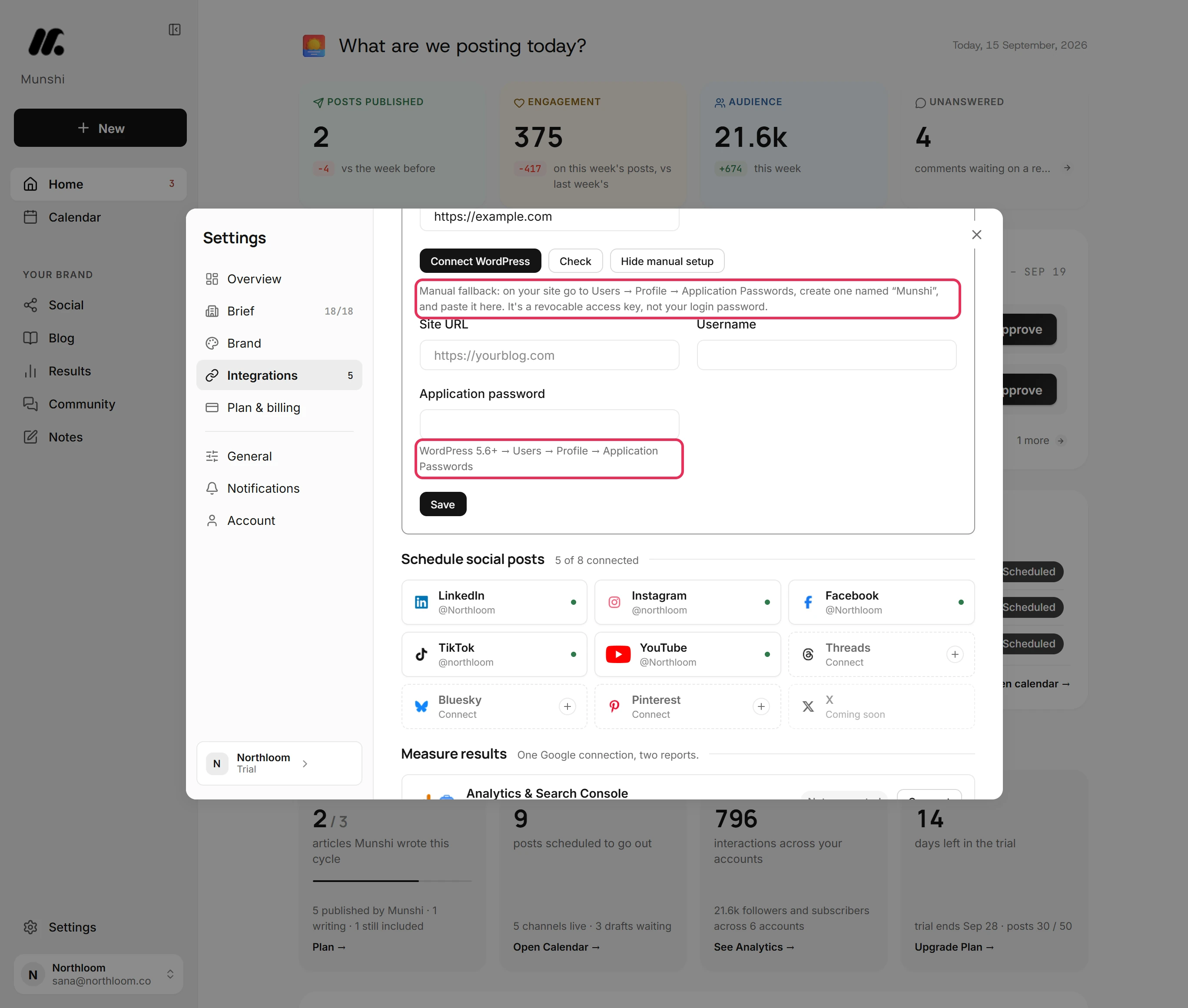 The note naming Users, Profile and Application Passwords, and the help under the Application password field, outlined.