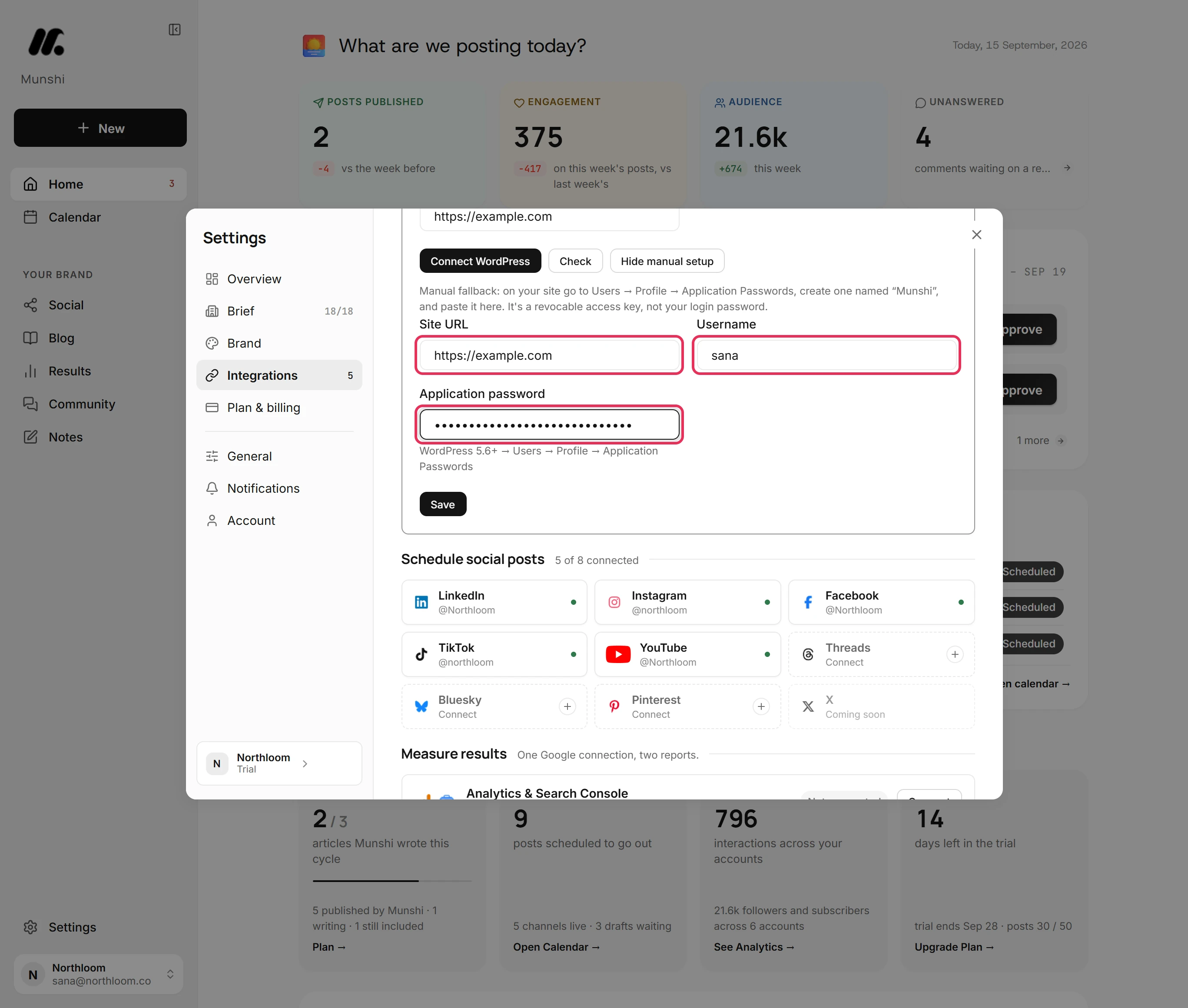 The Site URL, Username and Application password fields filled in, outlined.