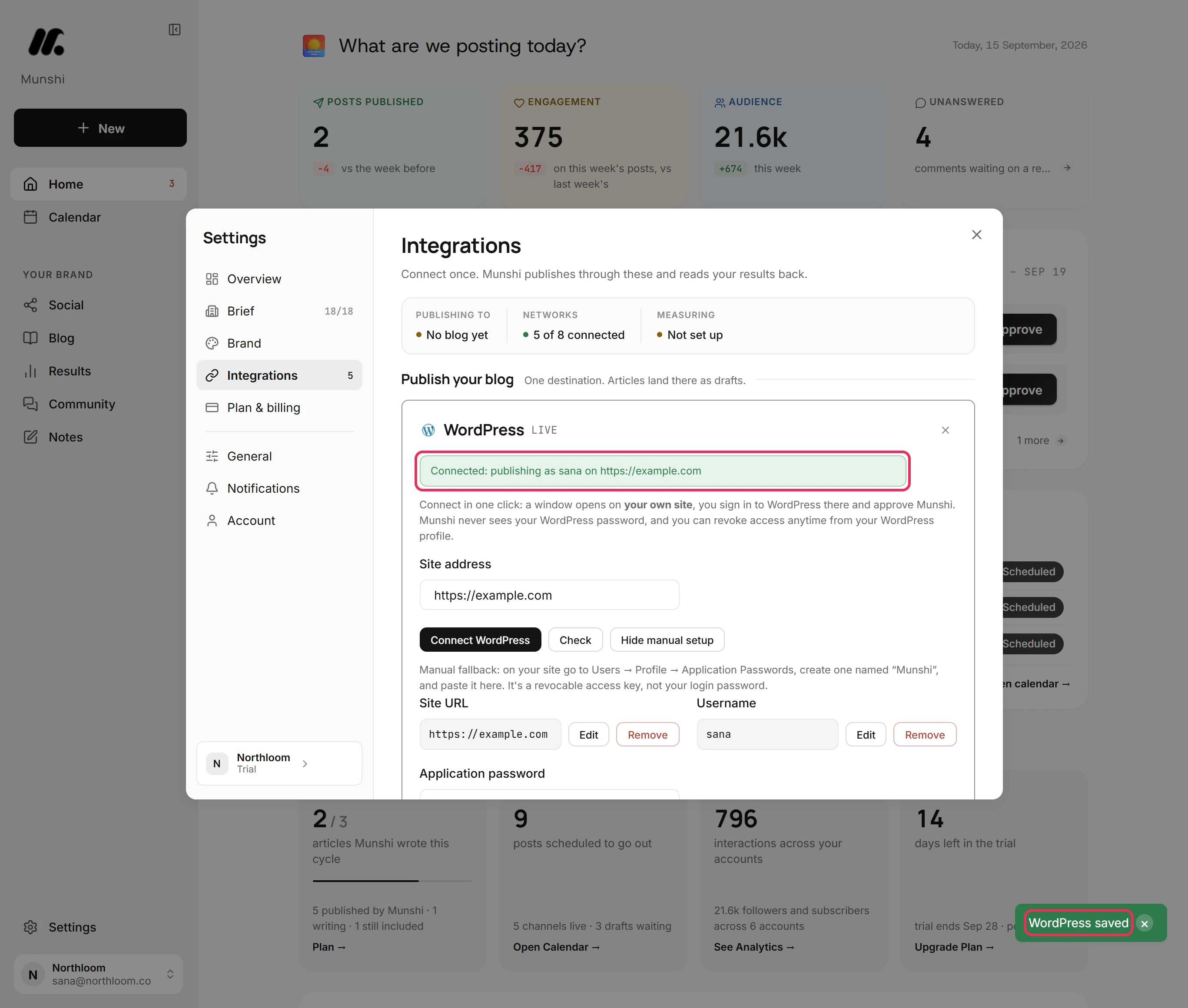 The WordPress card reading Connected: publishing as sana on the site, with the WordPress saved confirmation, outlined.