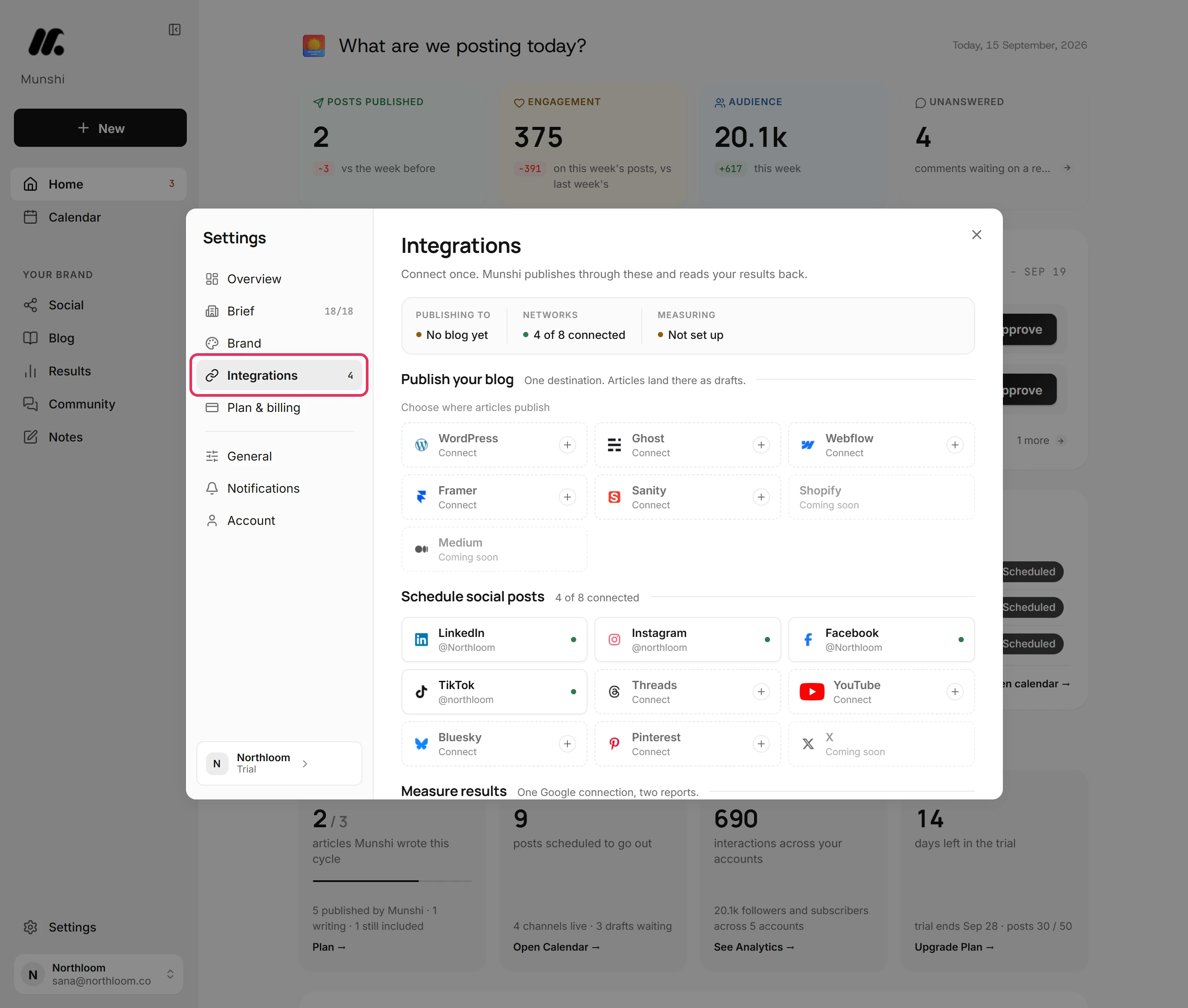 The Settings dialog open on Integrations, with the Integrations tab outlined.