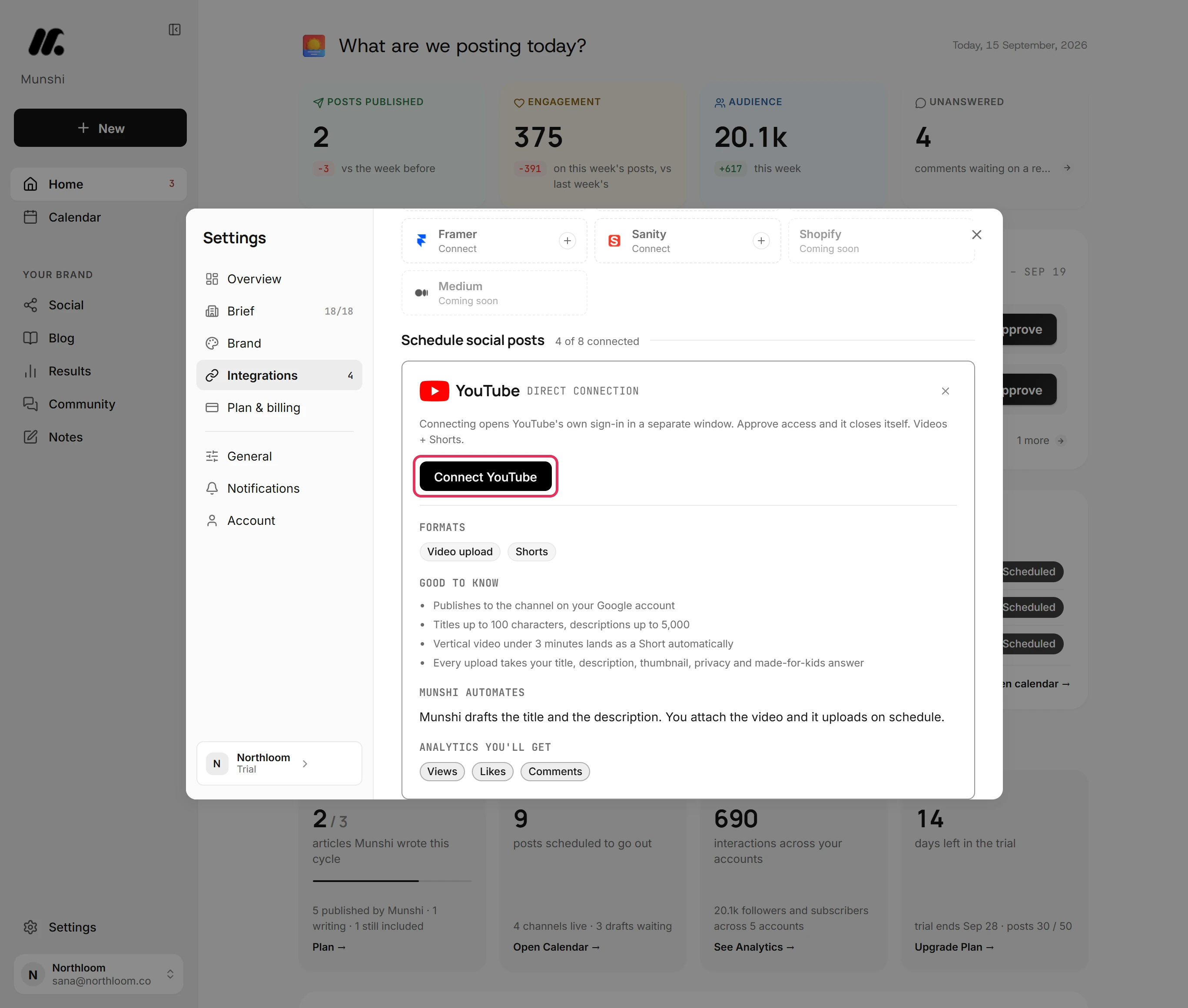 The Connect YouTube button on the YouTube card, outlined.