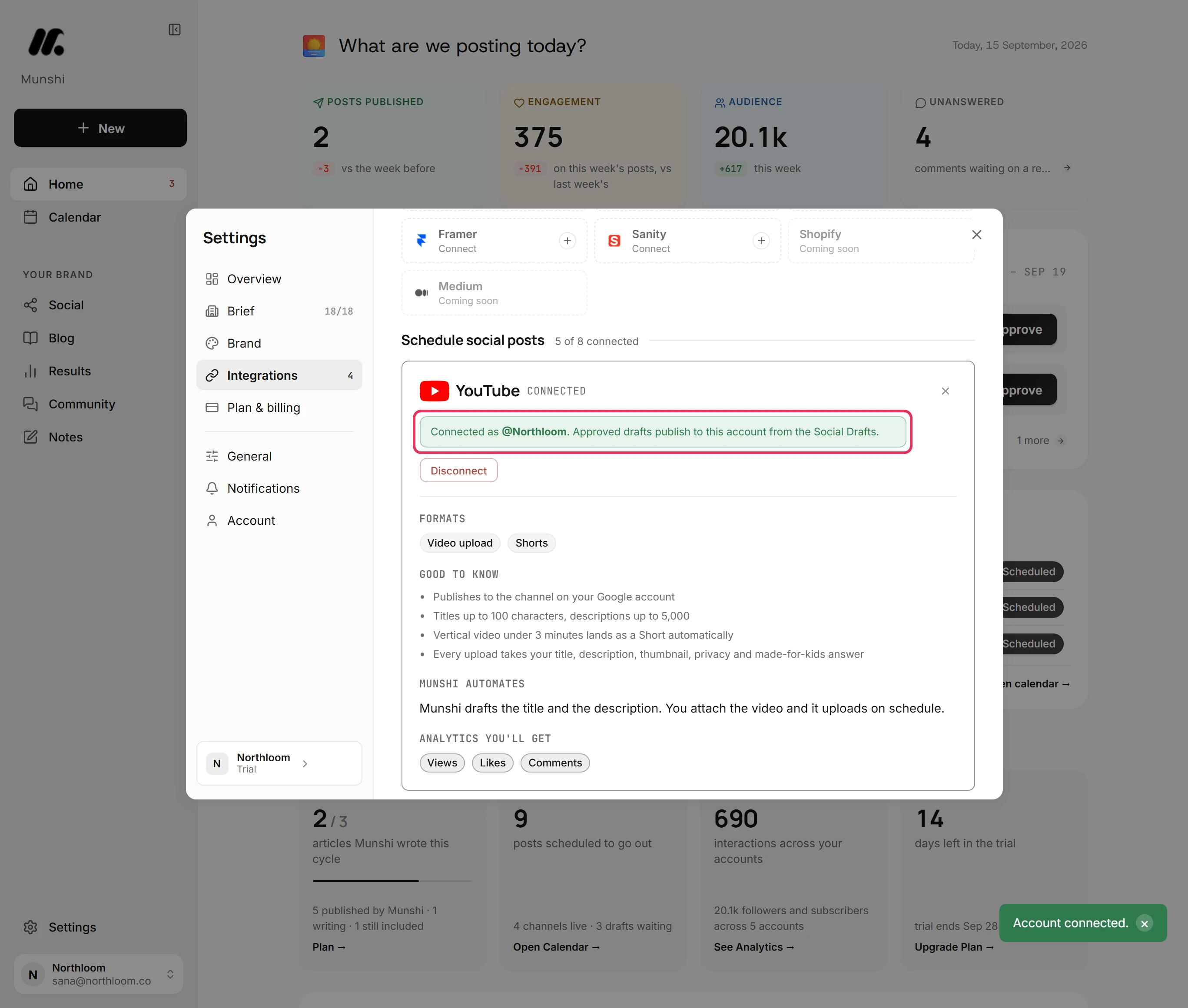 The YouTube card reading Connected as @Northloom, outlined.