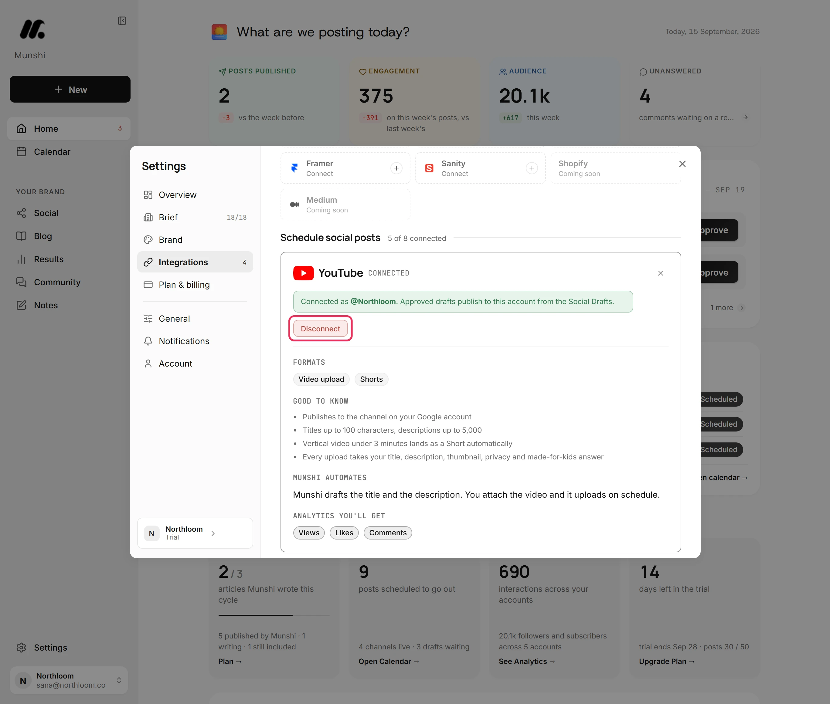 The Disconnect button on the connected YouTube card, outlined.