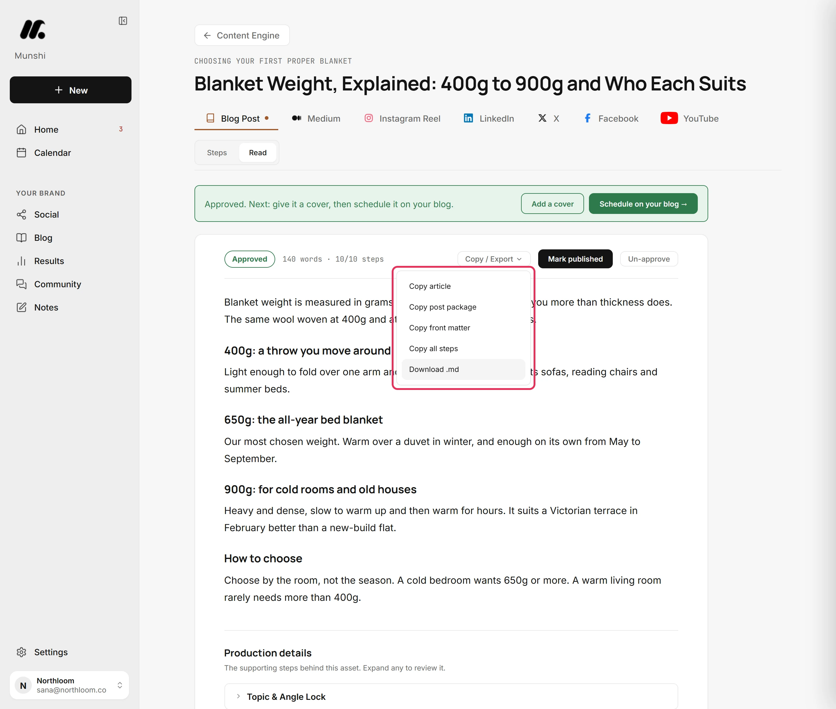 The Copy / Export menu open, listing Copy article, Copy post package, Copy front matter, Copy all steps and Download .md.
