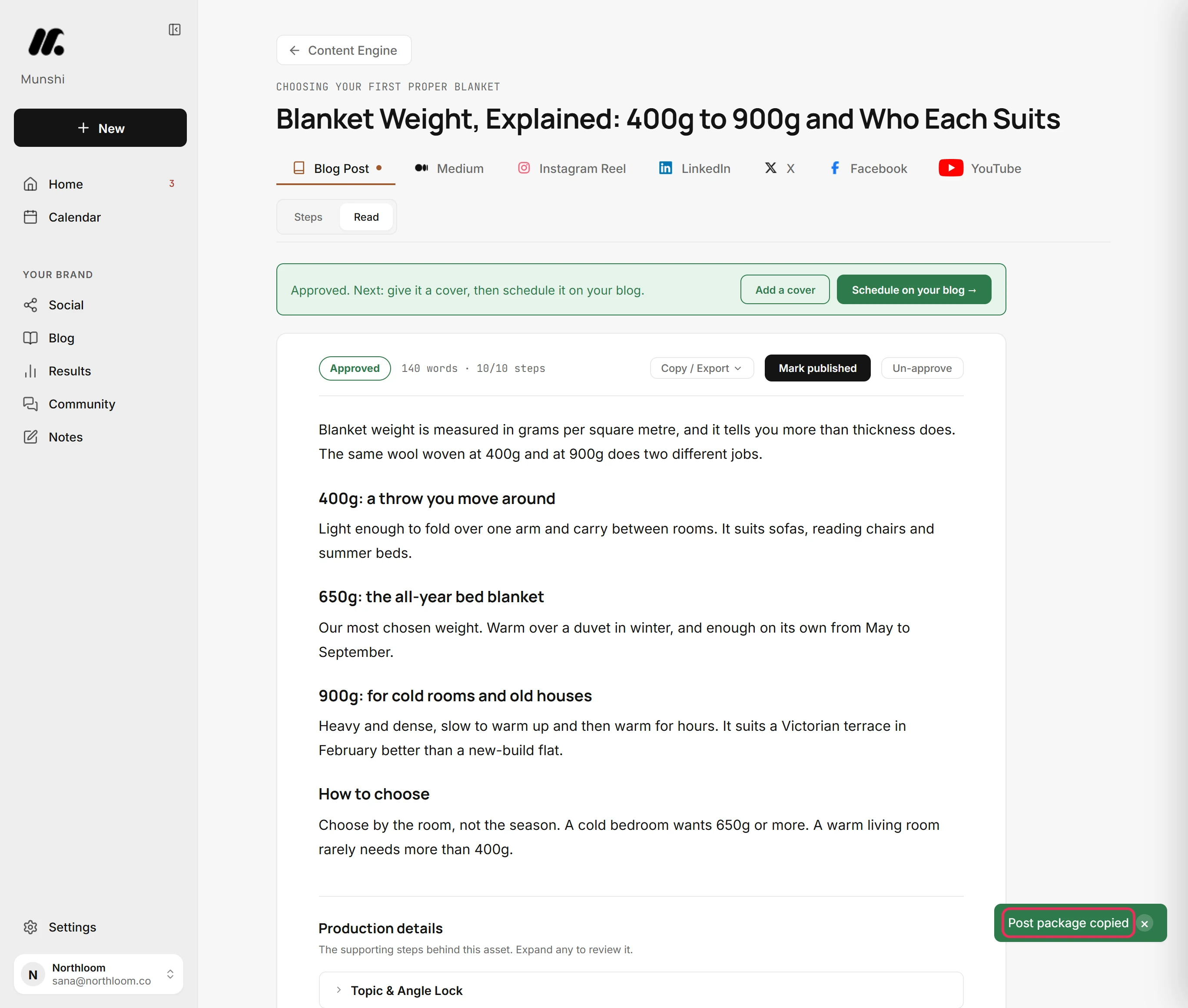 The Post package copied confirmation in the corner of the article page.