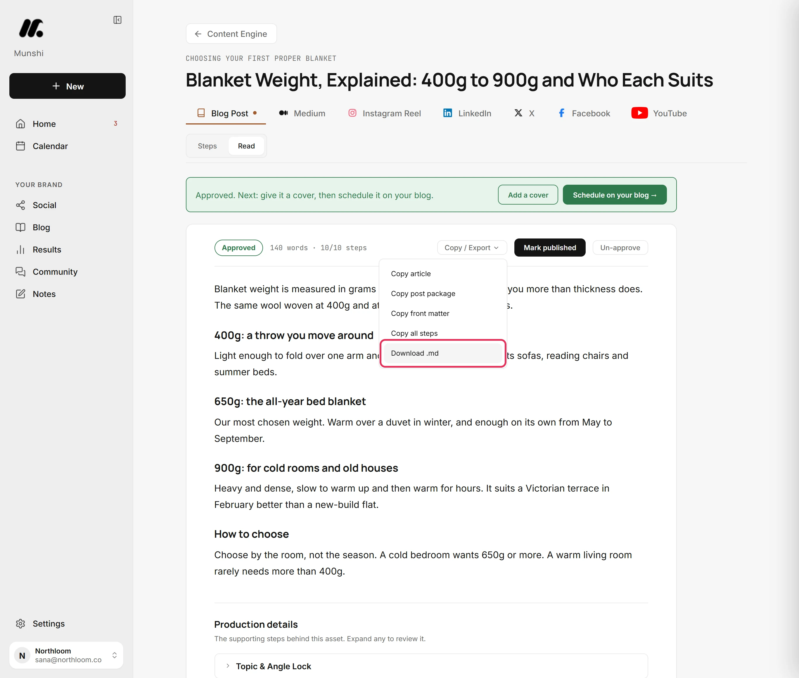 The Copy / Export menu with Download .md outlined in red.