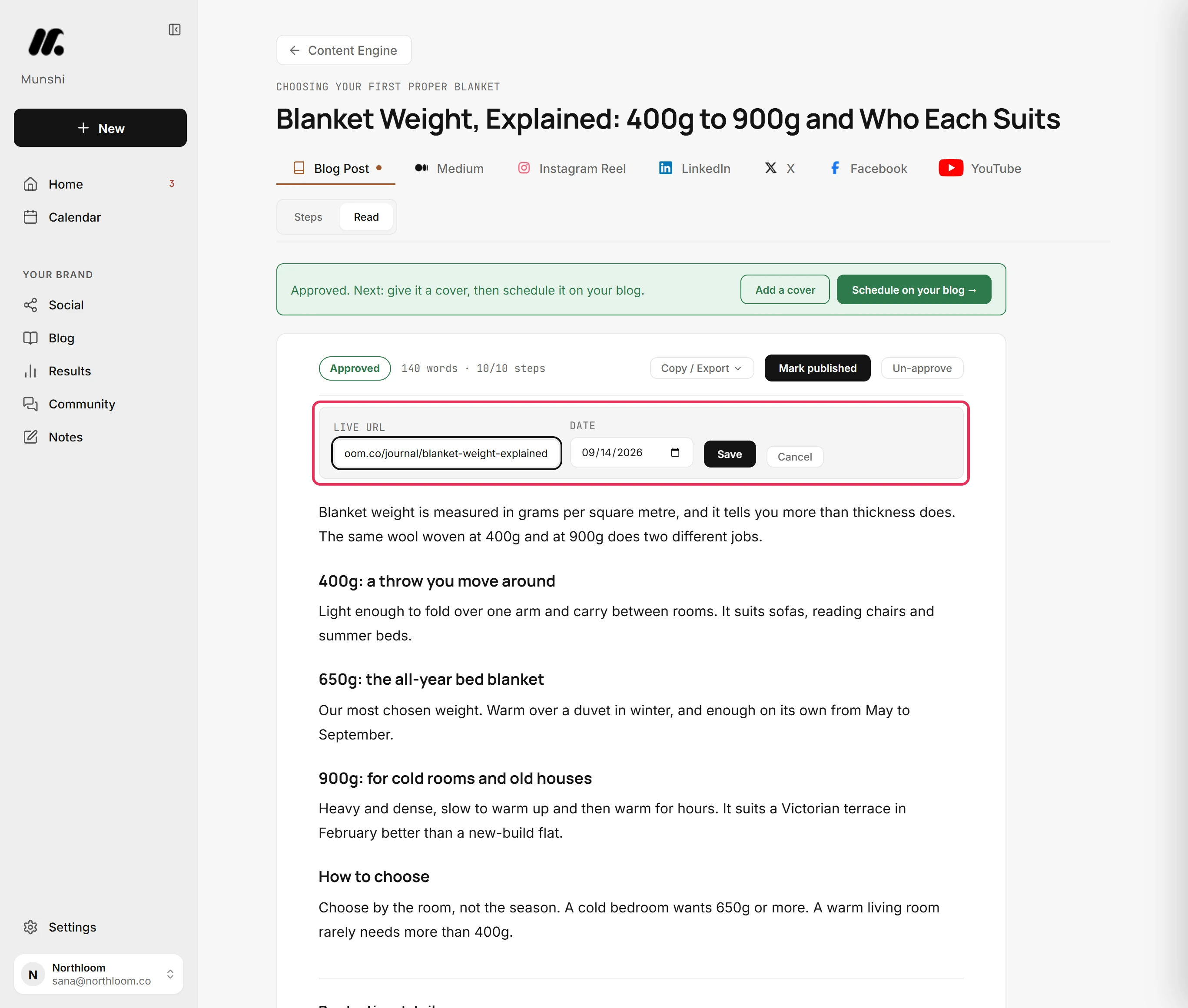 The Mark published form under the article's status line, with the live address typed into Live URL and today's date.