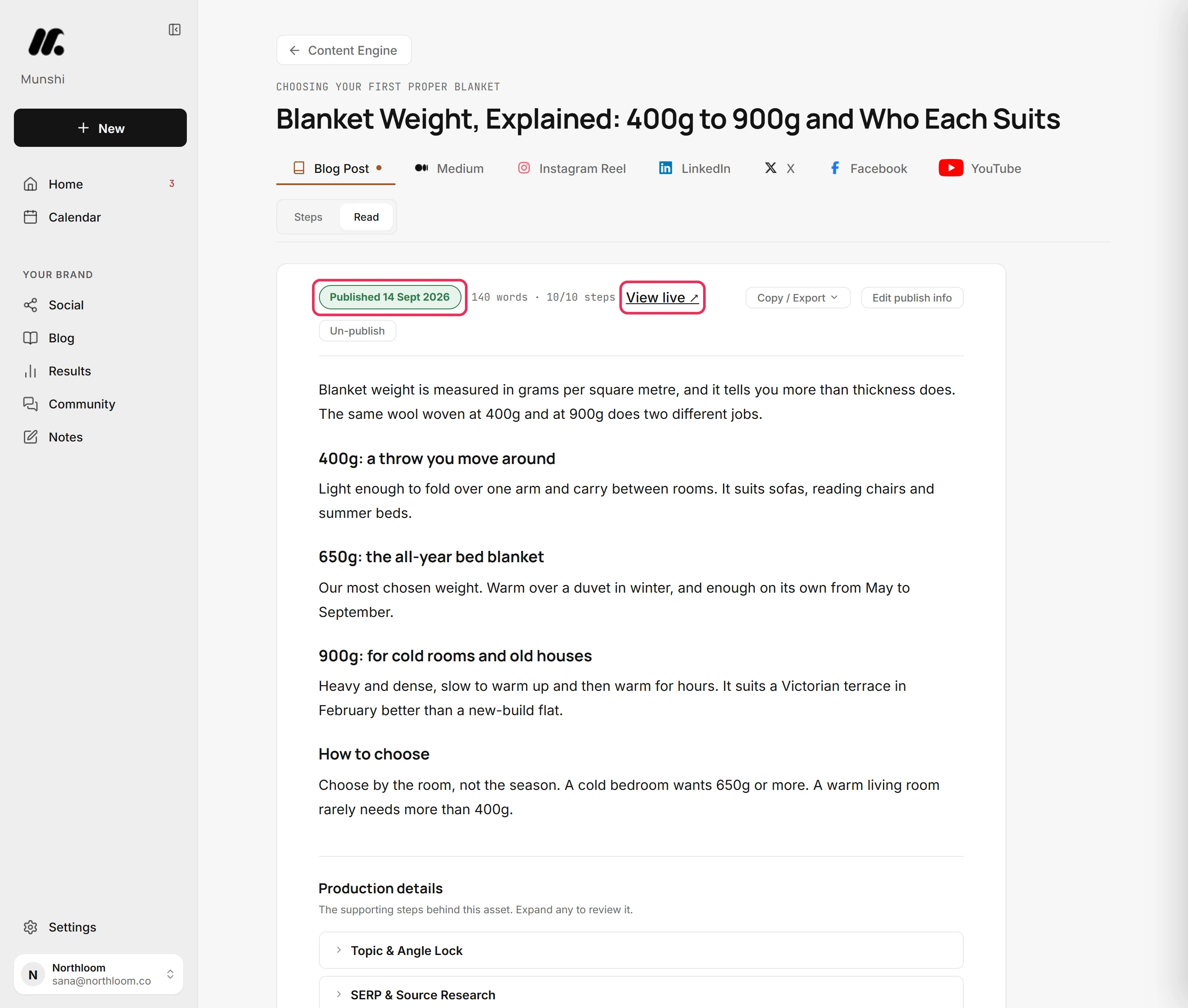 The article's status line reading Published with the date, next to the View live link, both outlined.