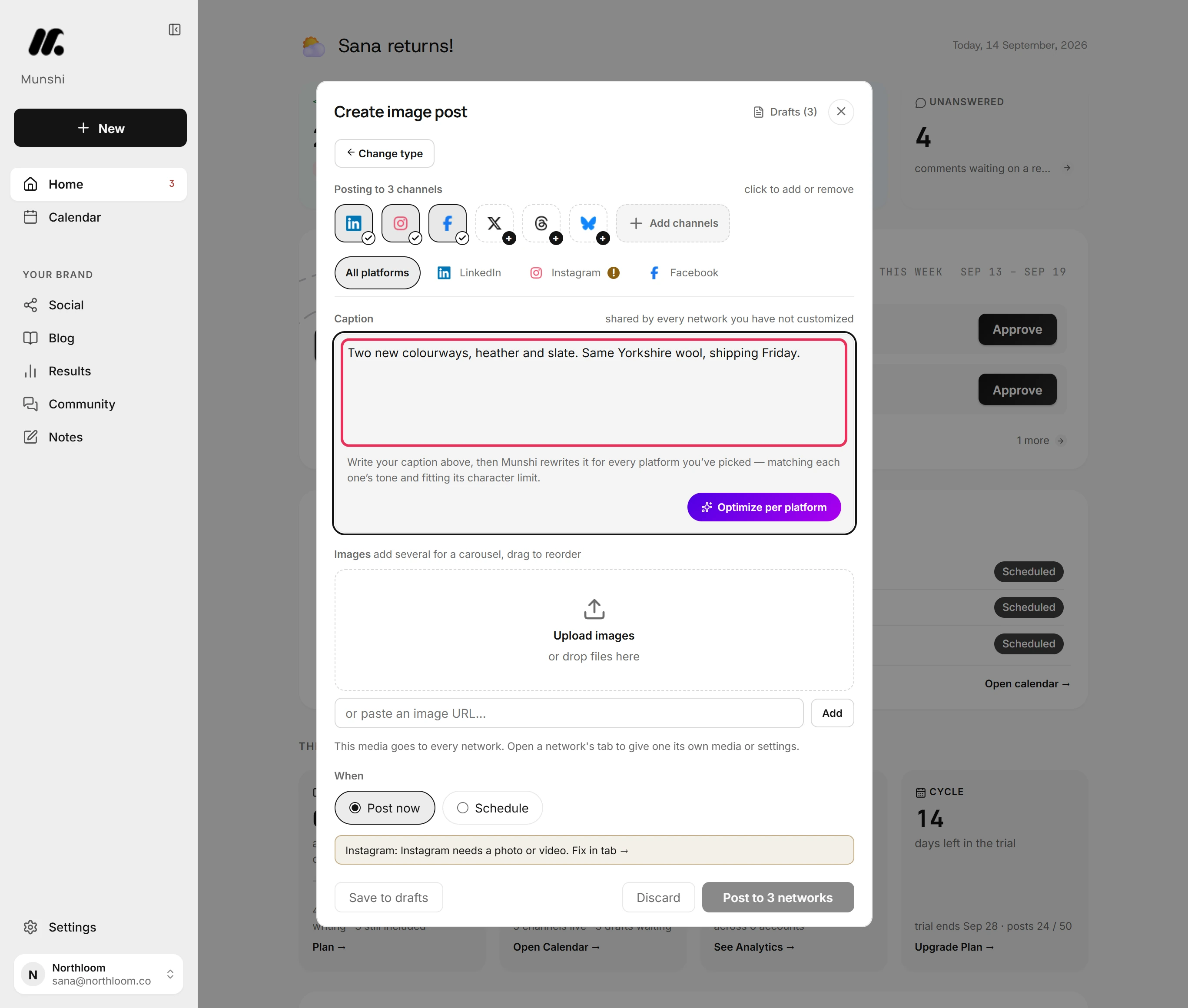 The caption box in the All platforms tab with a two-sentence caption typed in.