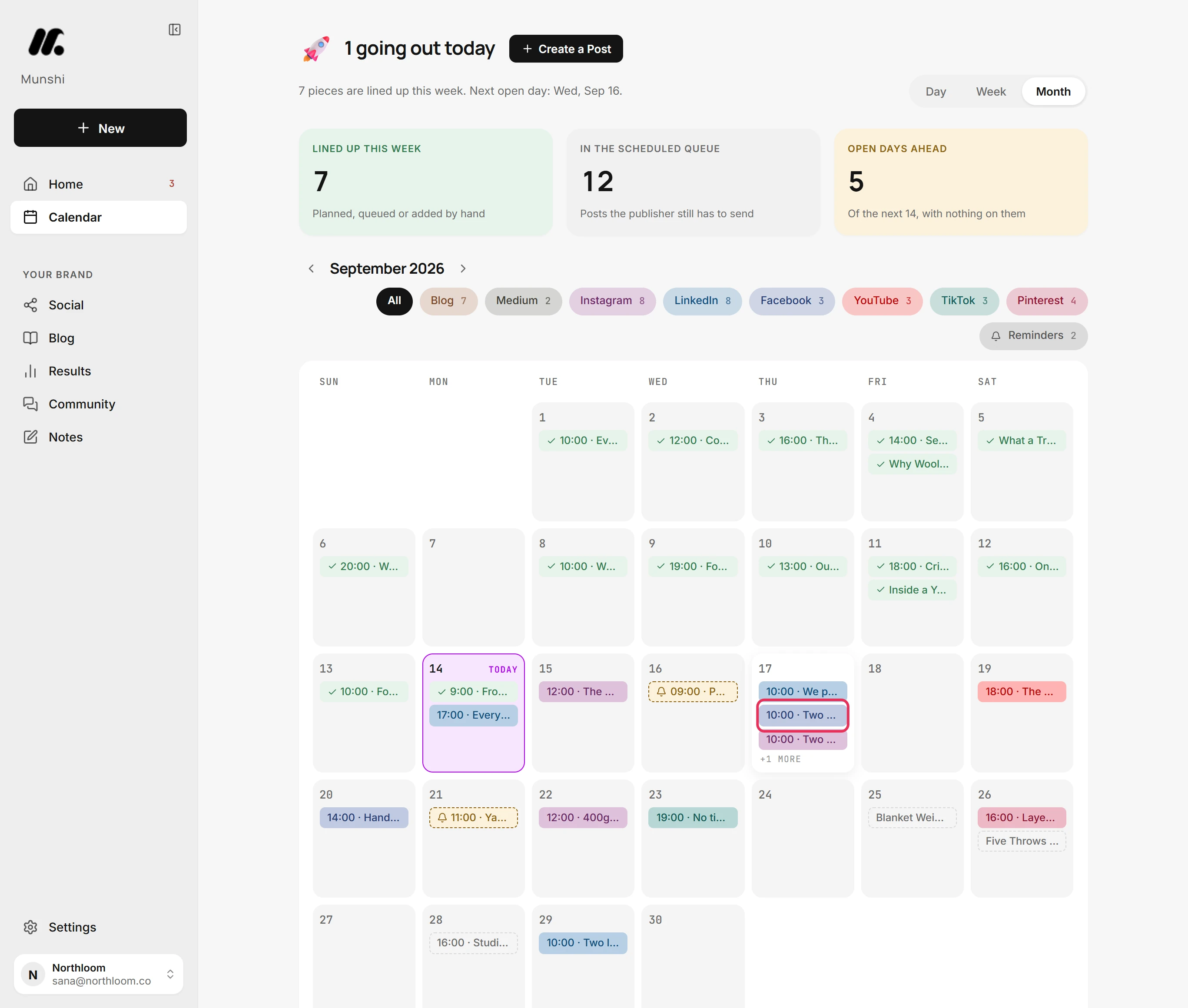 The calendar's month view with the newly scheduled post in its day.