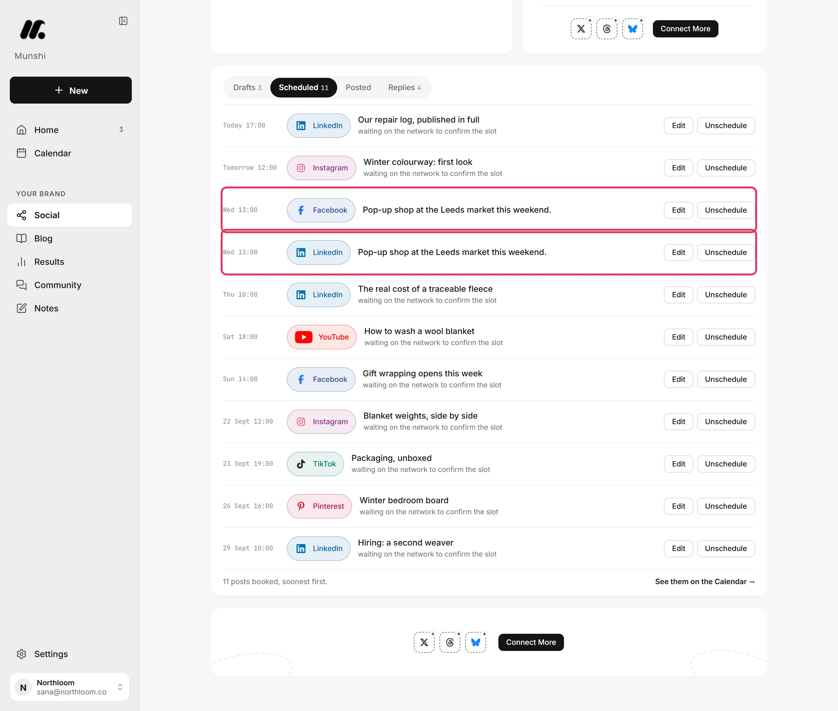 The Scheduled tab with the pop-up shop post booked on LinkedIn and on Facebook, both rows outlined in red.