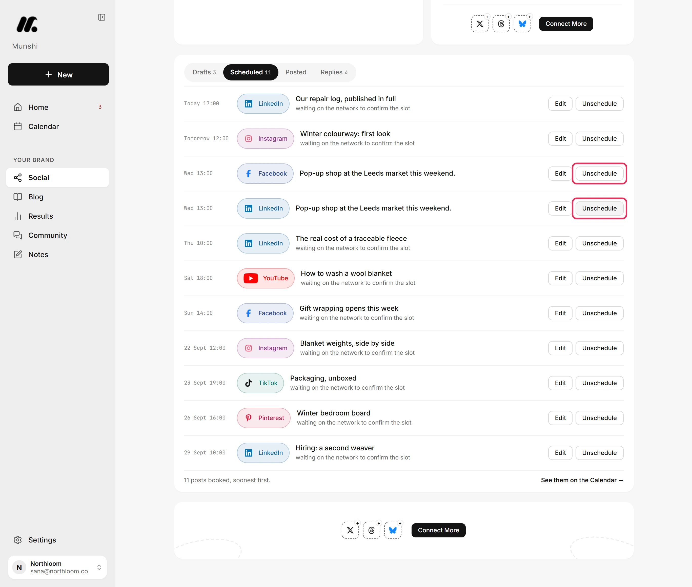 The Unschedule buttons on the post's LinkedIn and Facebook rows, outlined in red.