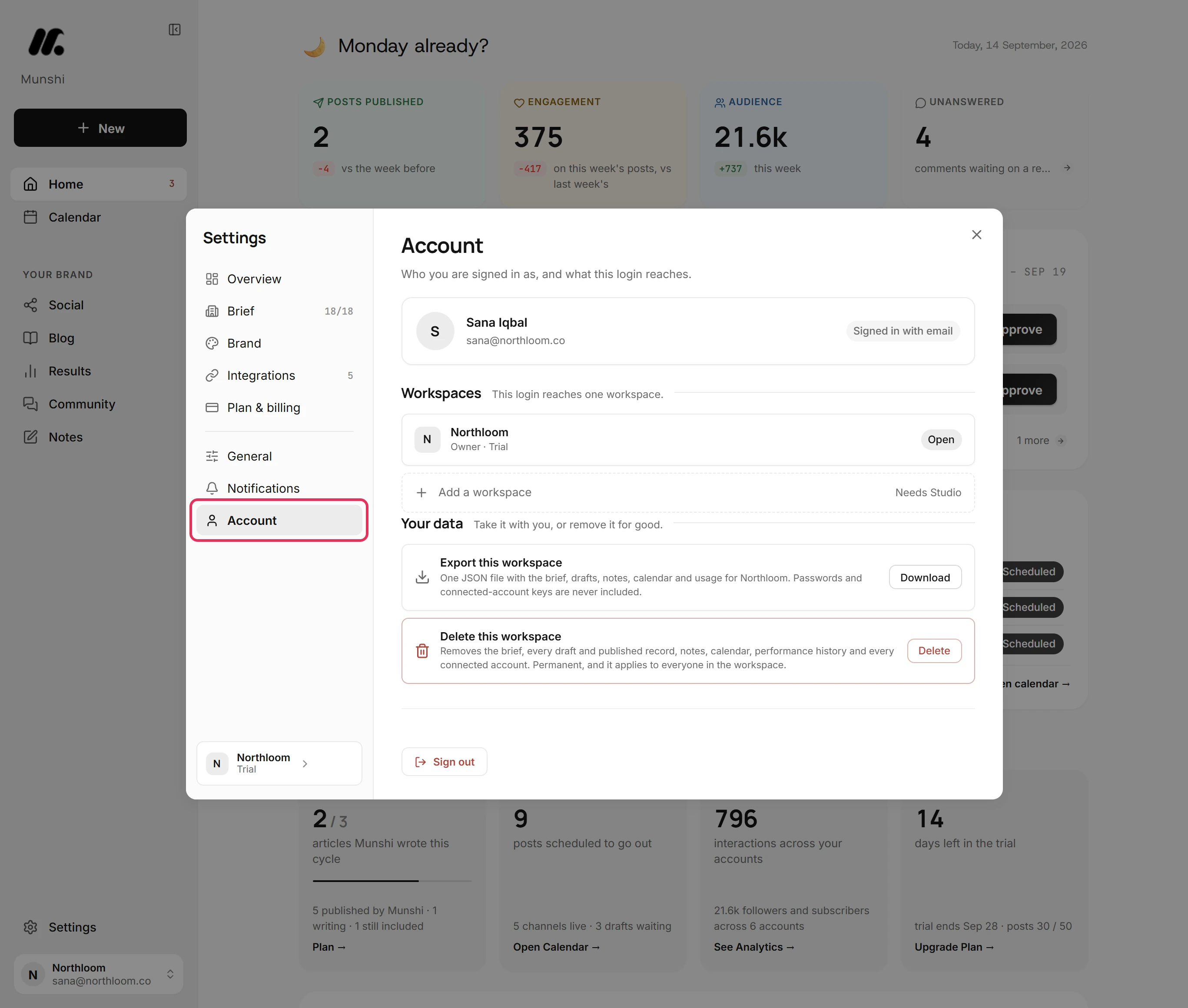 The Settings dialog open on Account, with the Account tab outlined.