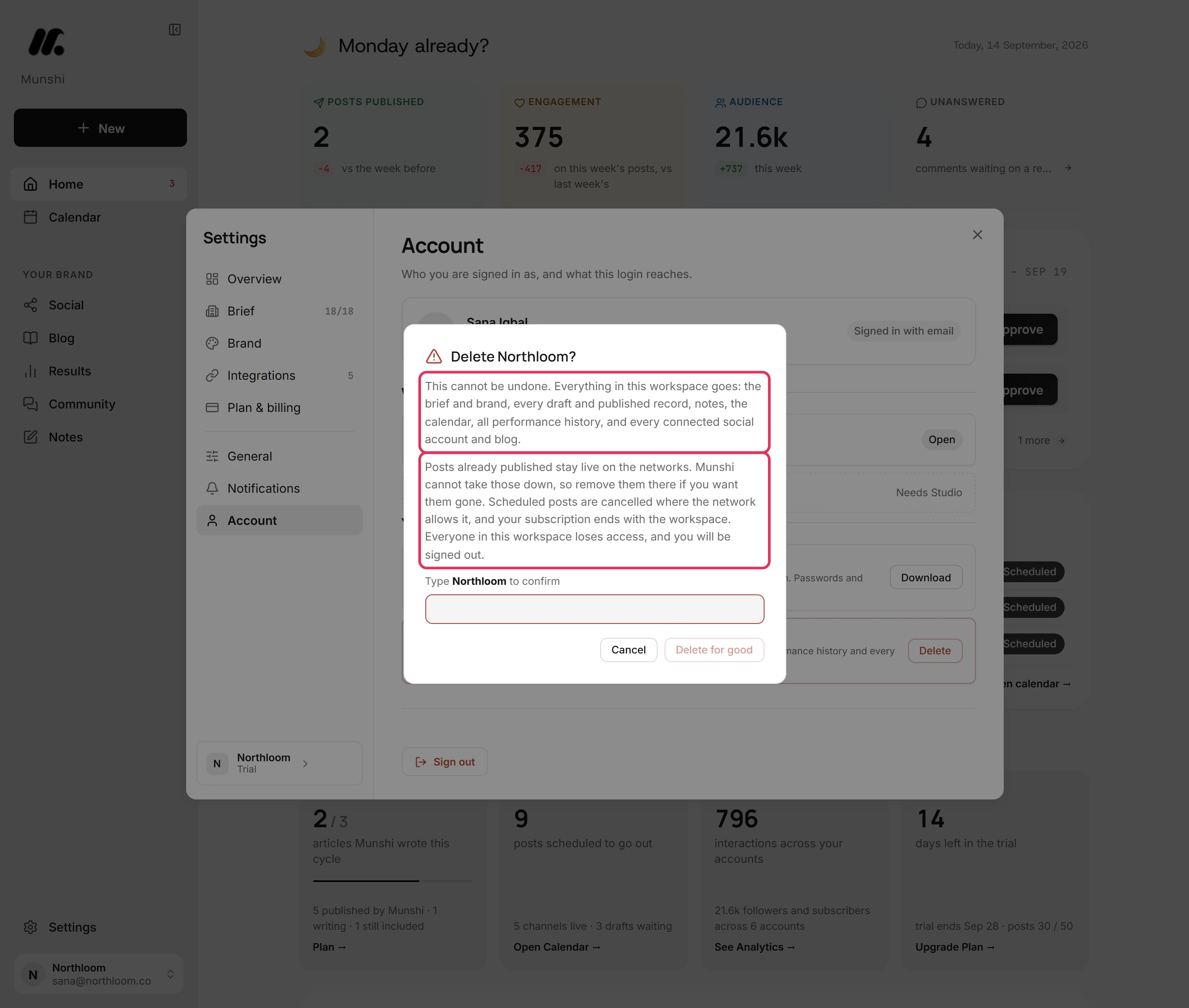 The Delete Northloom? confirmation with its two paragraphs about what is removed and what happens to posts and the subscription outlined.