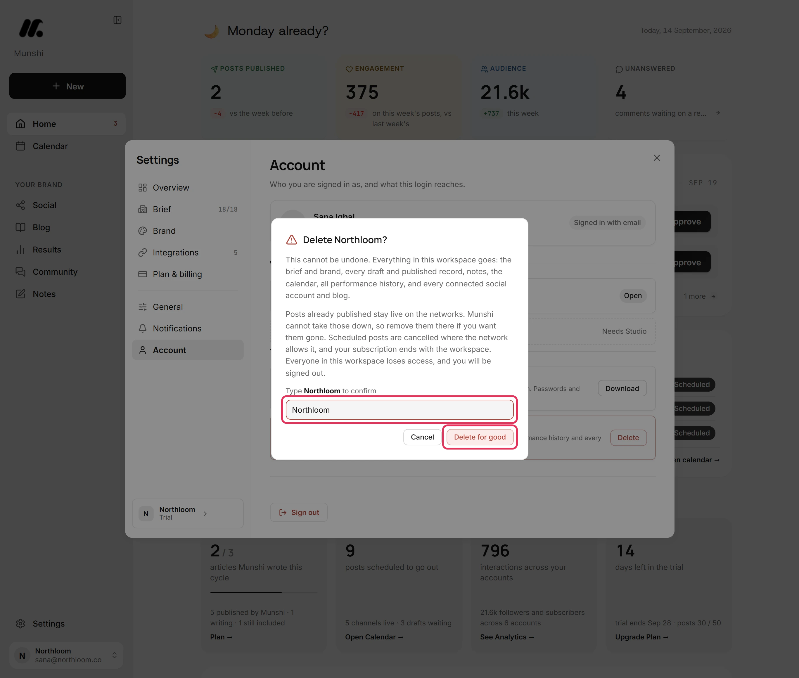 The confirmation with Northloom typed into the name box, and the box and the Delete for good button outlined.
