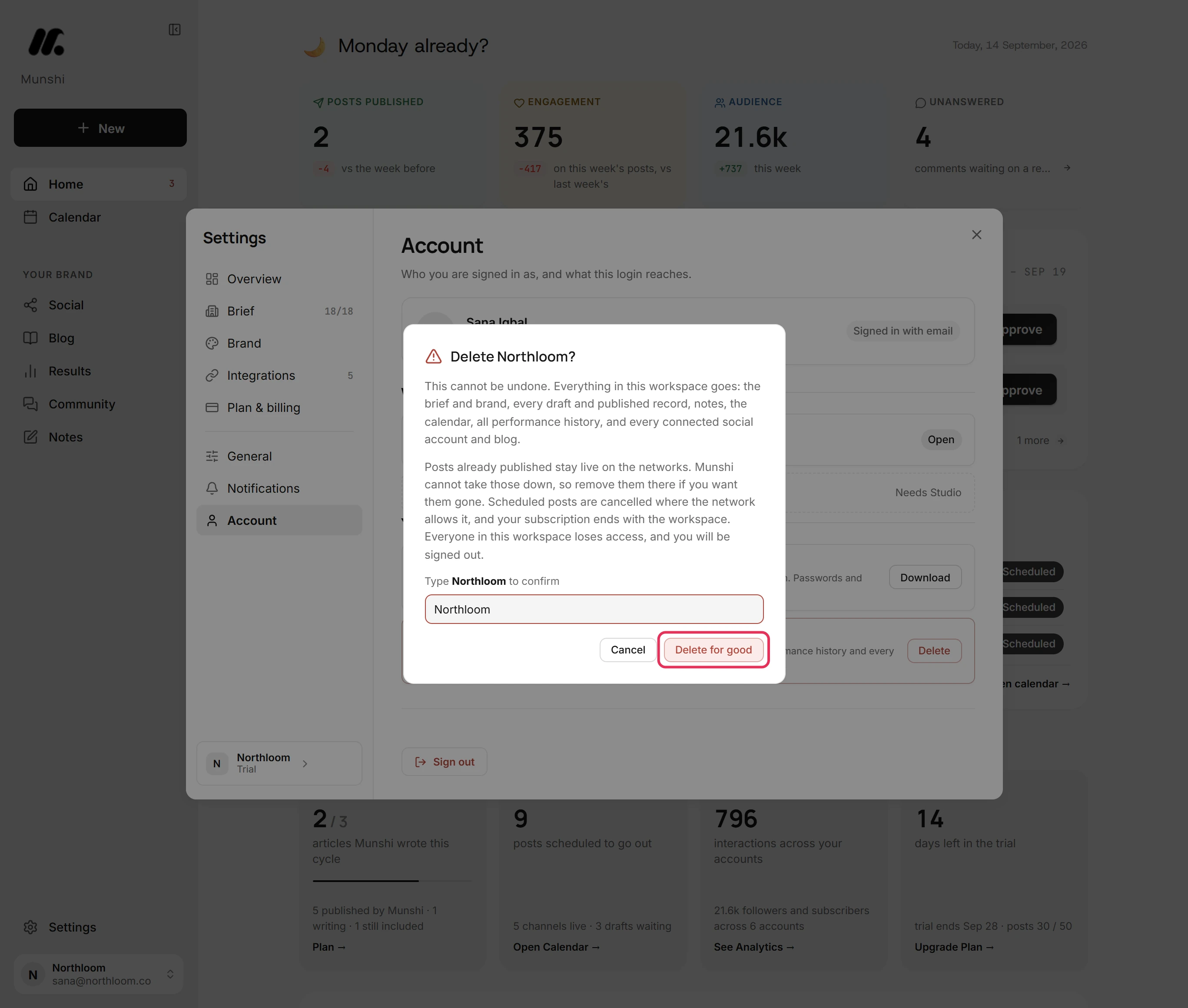 The Delete for good button outlined at the bottom right of the confirmation, next to Cancel.