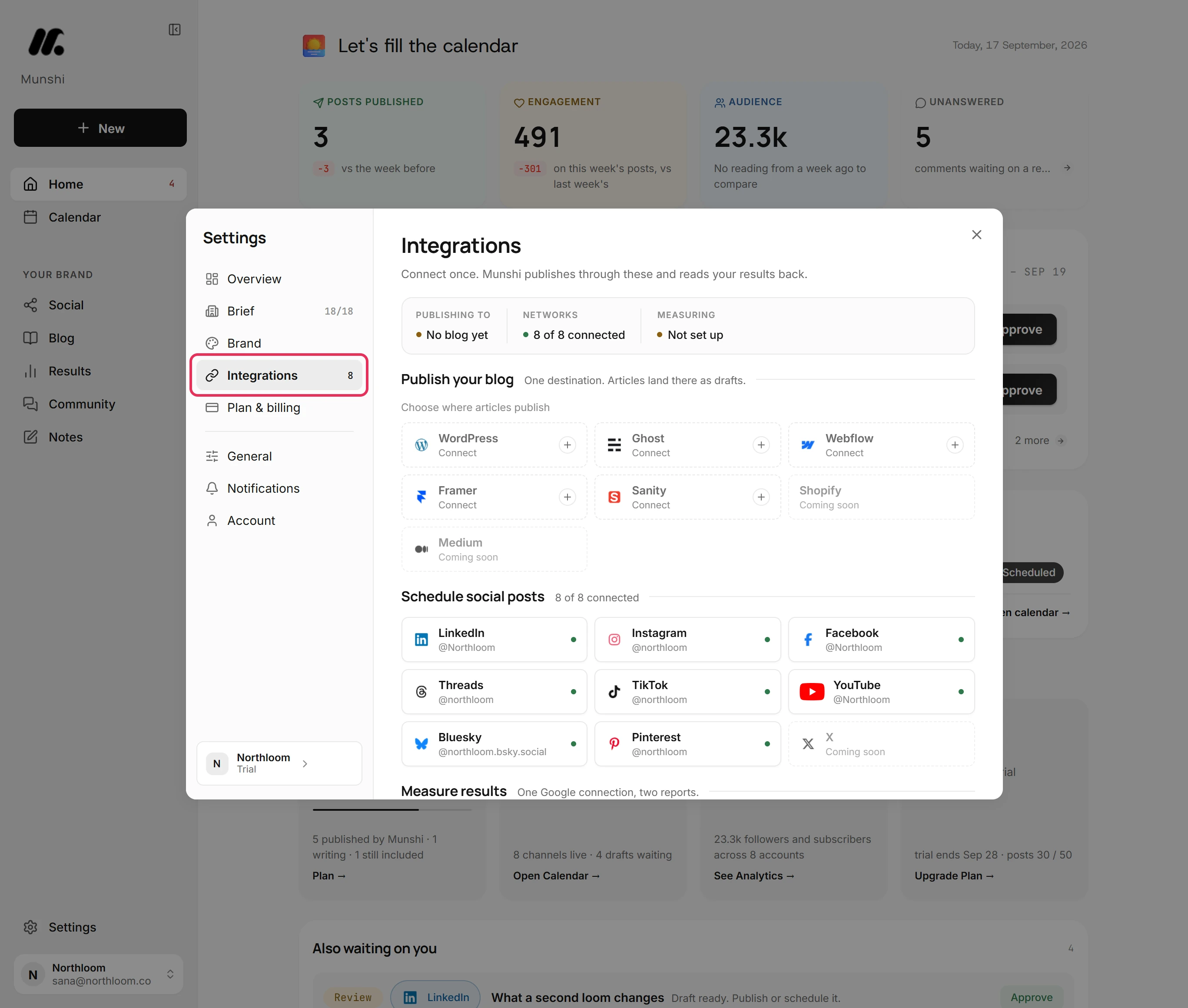 The Settings dialog open on Integrations, with the Integrations tab outlined.