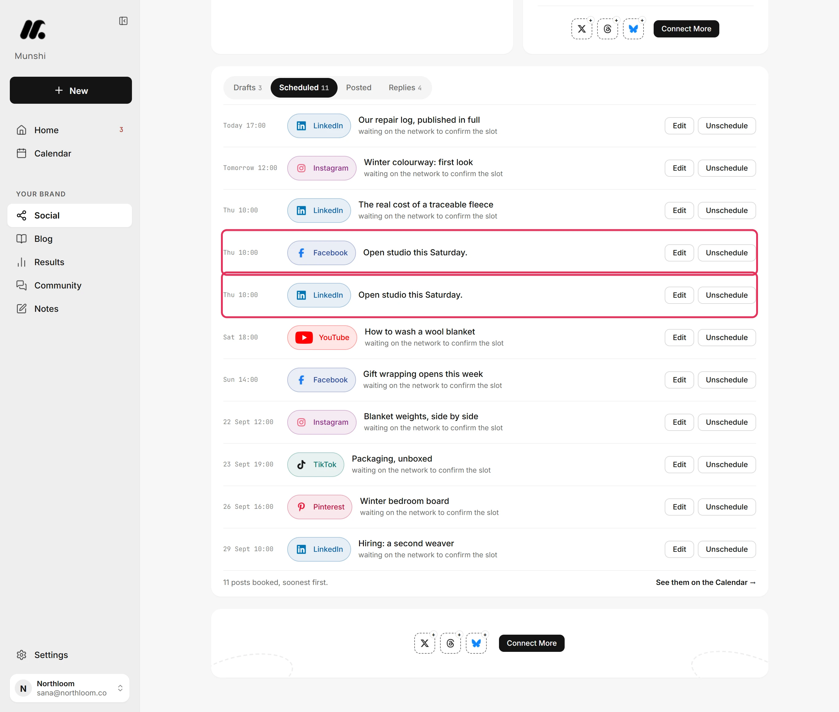 The Scheduled tab on the Social page, with the open studio post listed for LinkedIn and for Facebook, both outlined in red.