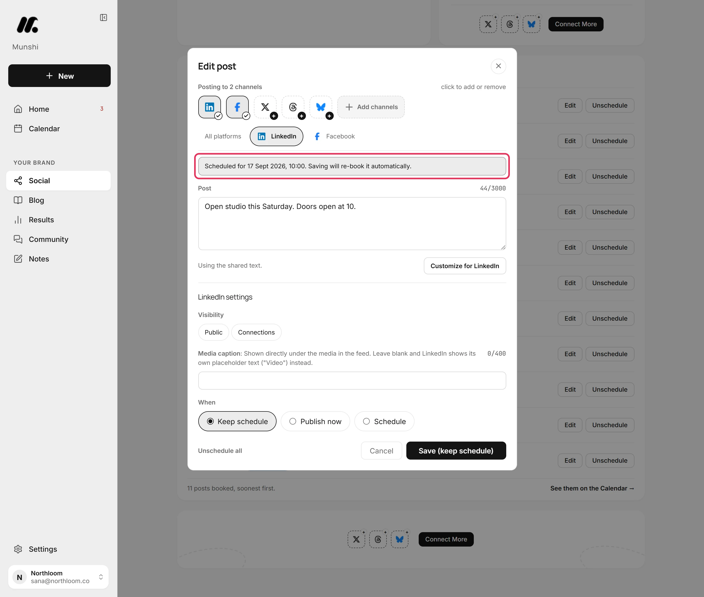The LinkedIn tab of the composer, with a note giving the scheduled time and saying that saving will re-book it automatically.