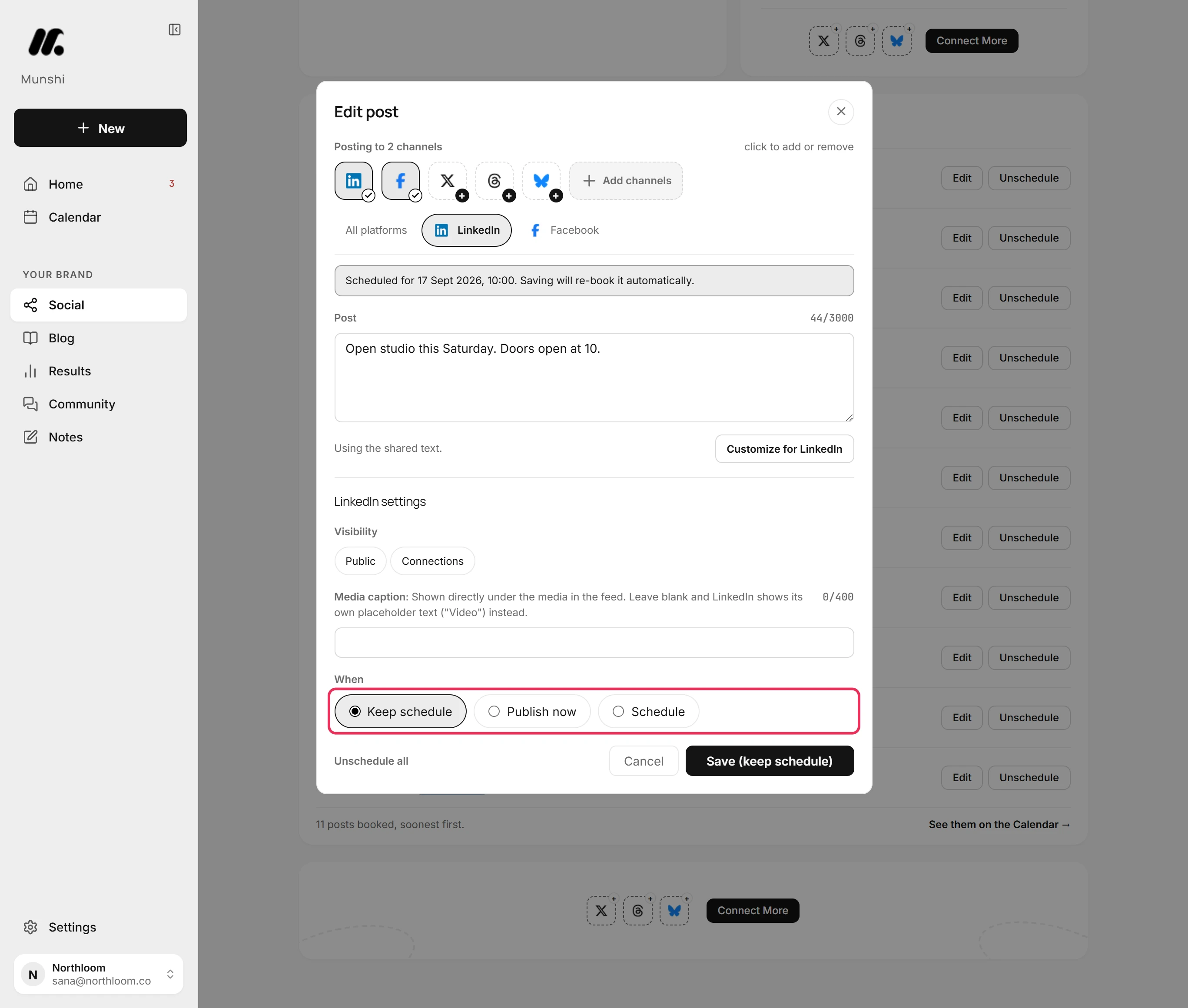 The When row with Keep schedule selected, next to Publish now and Schedule.
