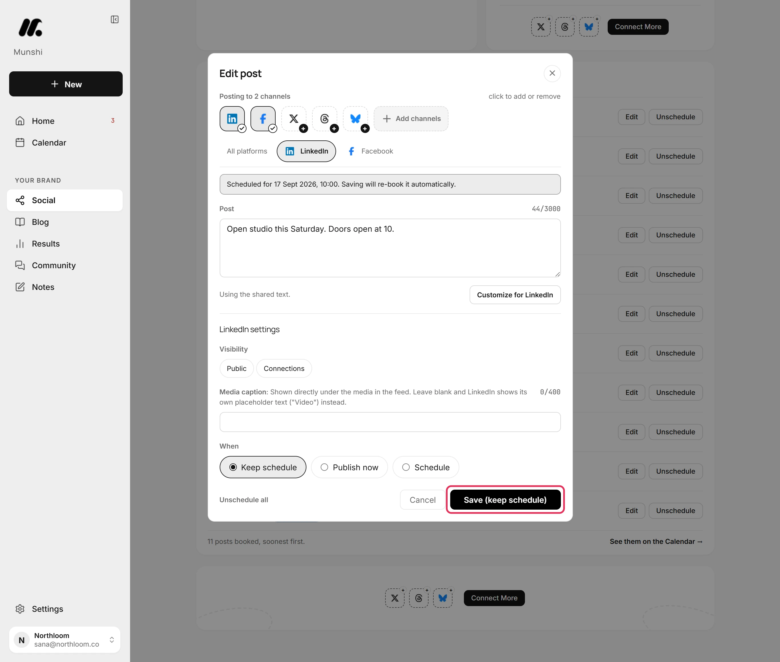 The Save (keep schedule) button at the bottom right of the composer, outlined in red.