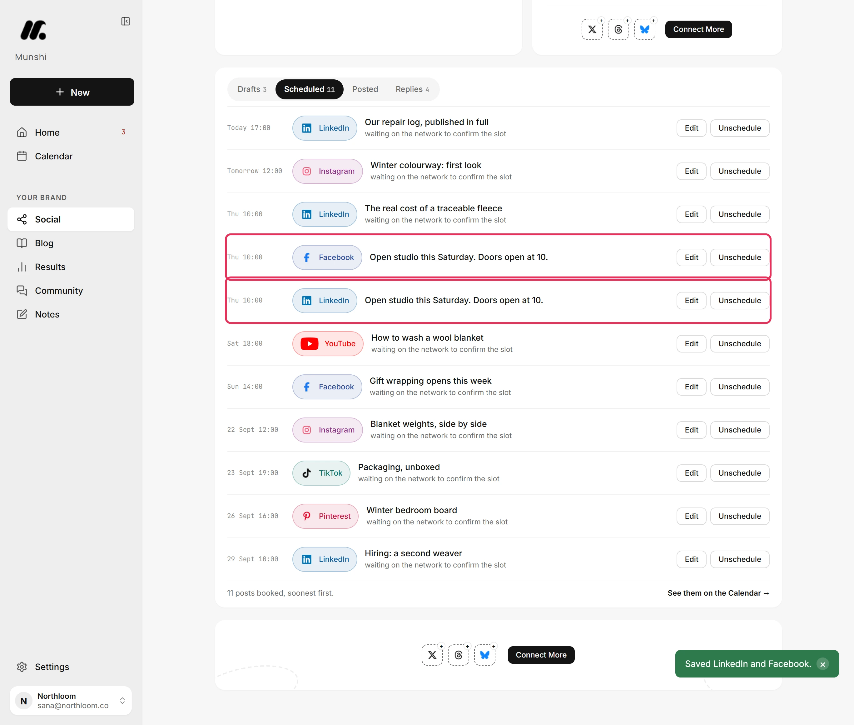 The Scheduled tab with the open studio post, now ending Doors open at 10, for LinkedIn and Facebook. The message reads Saved LinkedIn and Facebook.