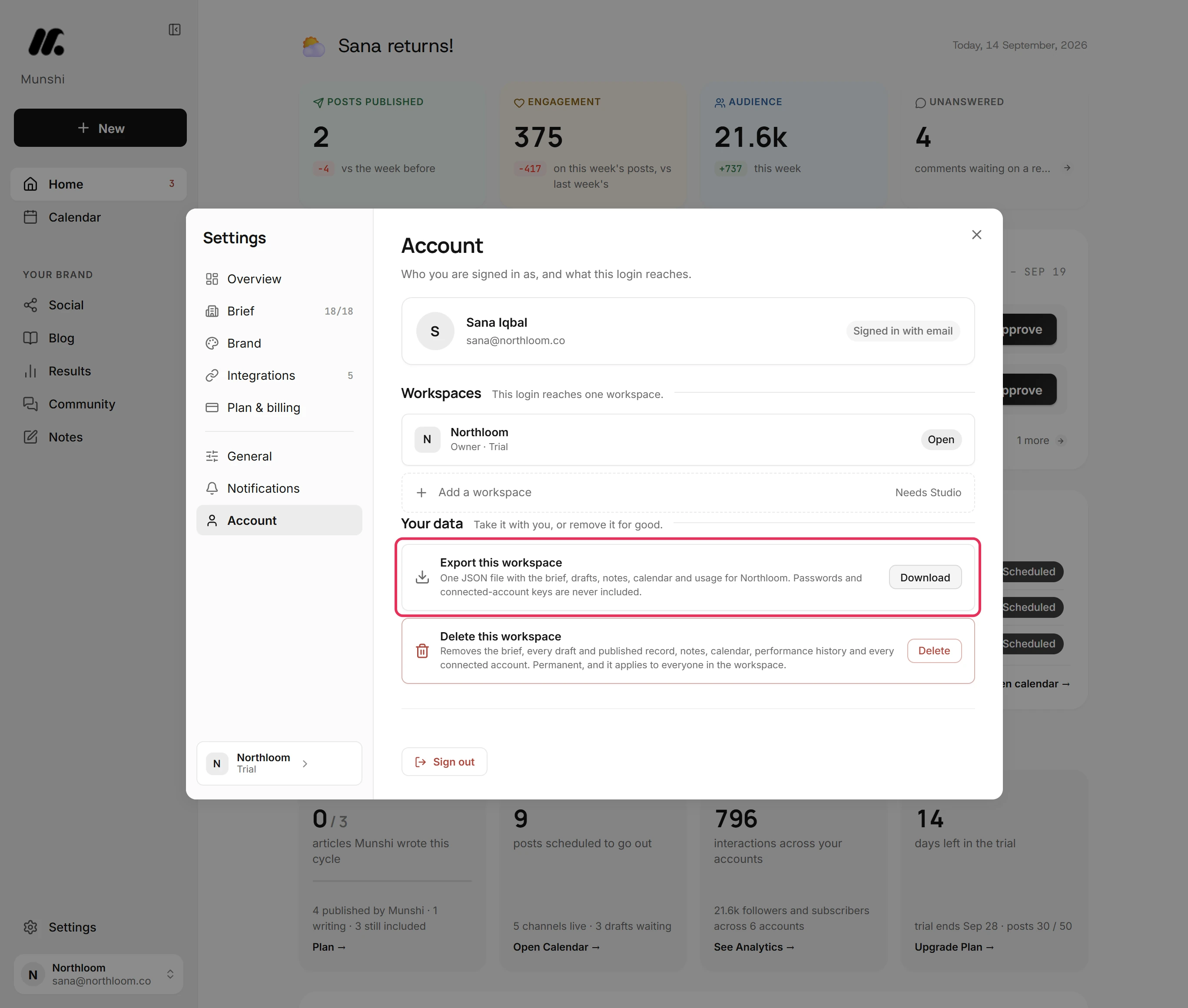 The Your data section with the Export this workspace row outlined, its Download button on the right.