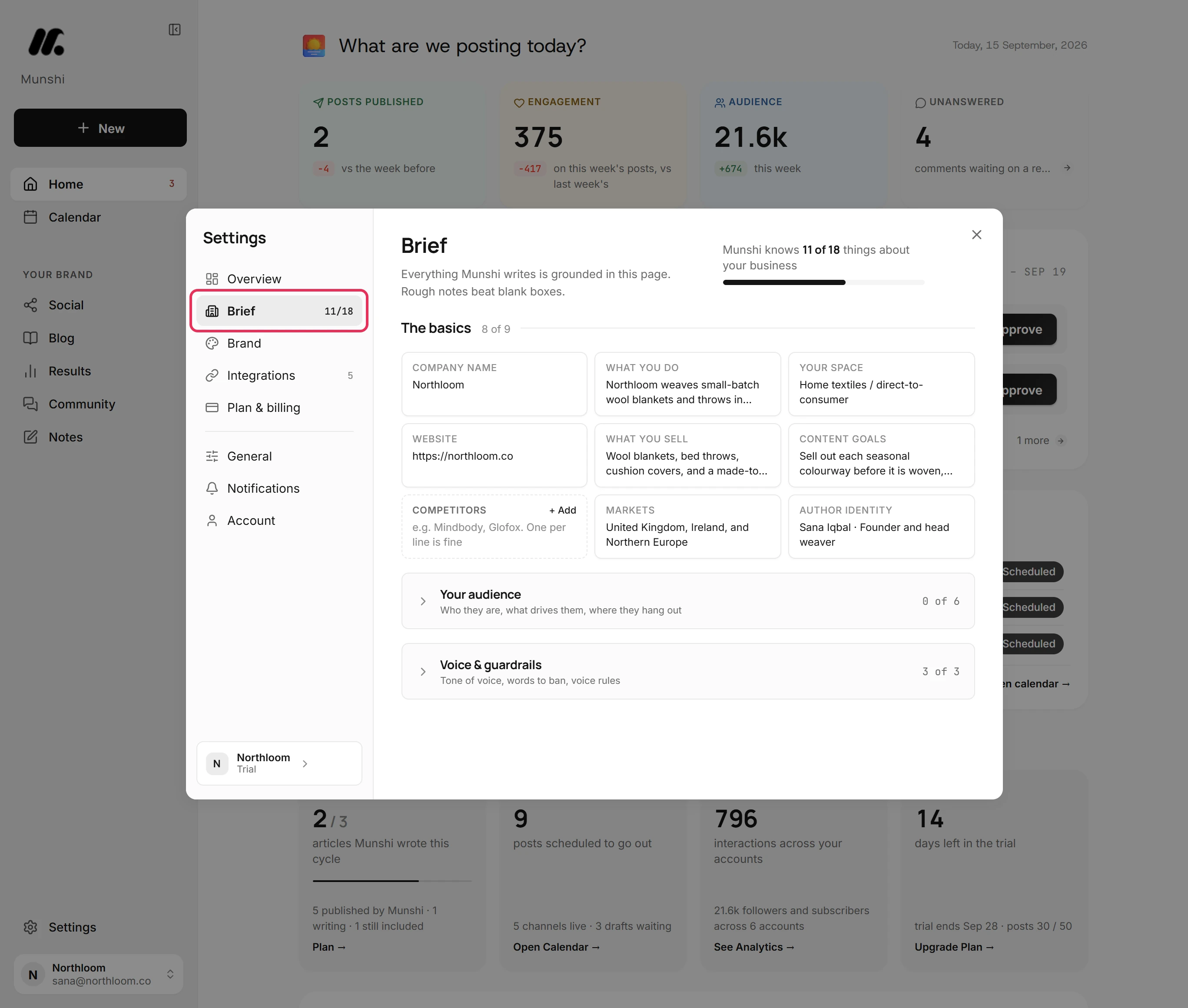 The Settings dialog open on Brief, with the Brief tab outlined.
