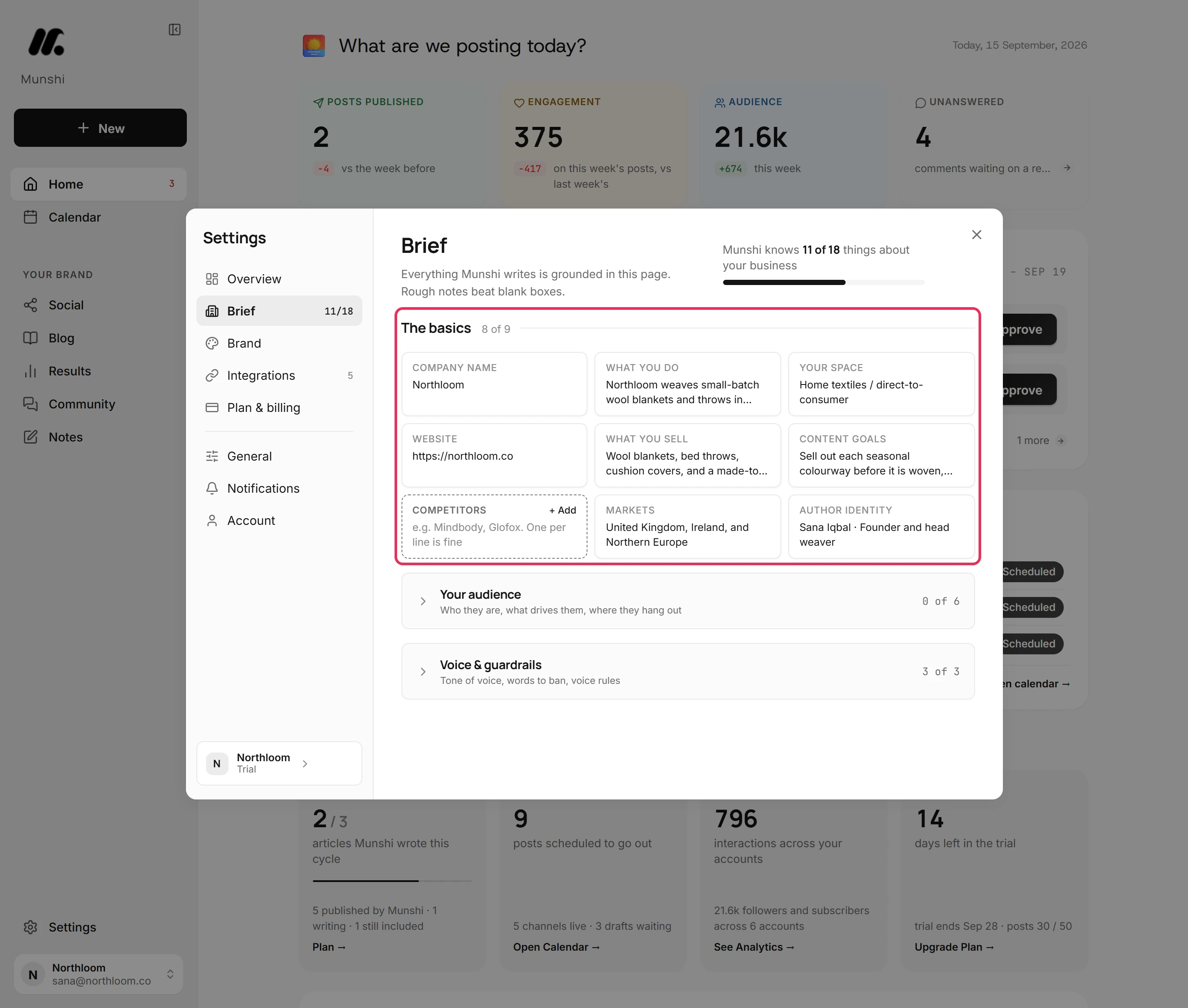 The basics section outlined, with eight answered tiles and an empty Competitors tile.