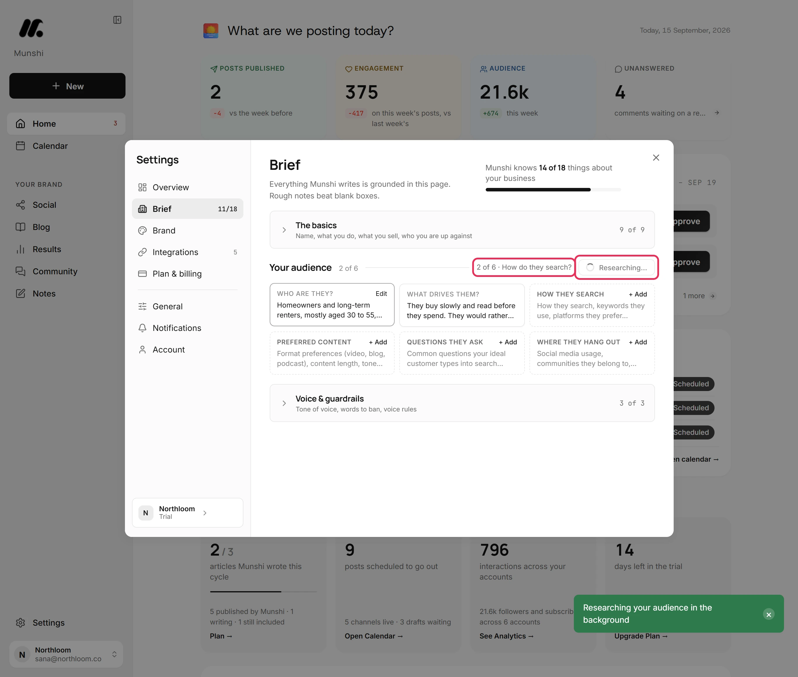 The Generate all (AI) button reading Researching…, with the count of fields done and the field in progress beside it, outlined.