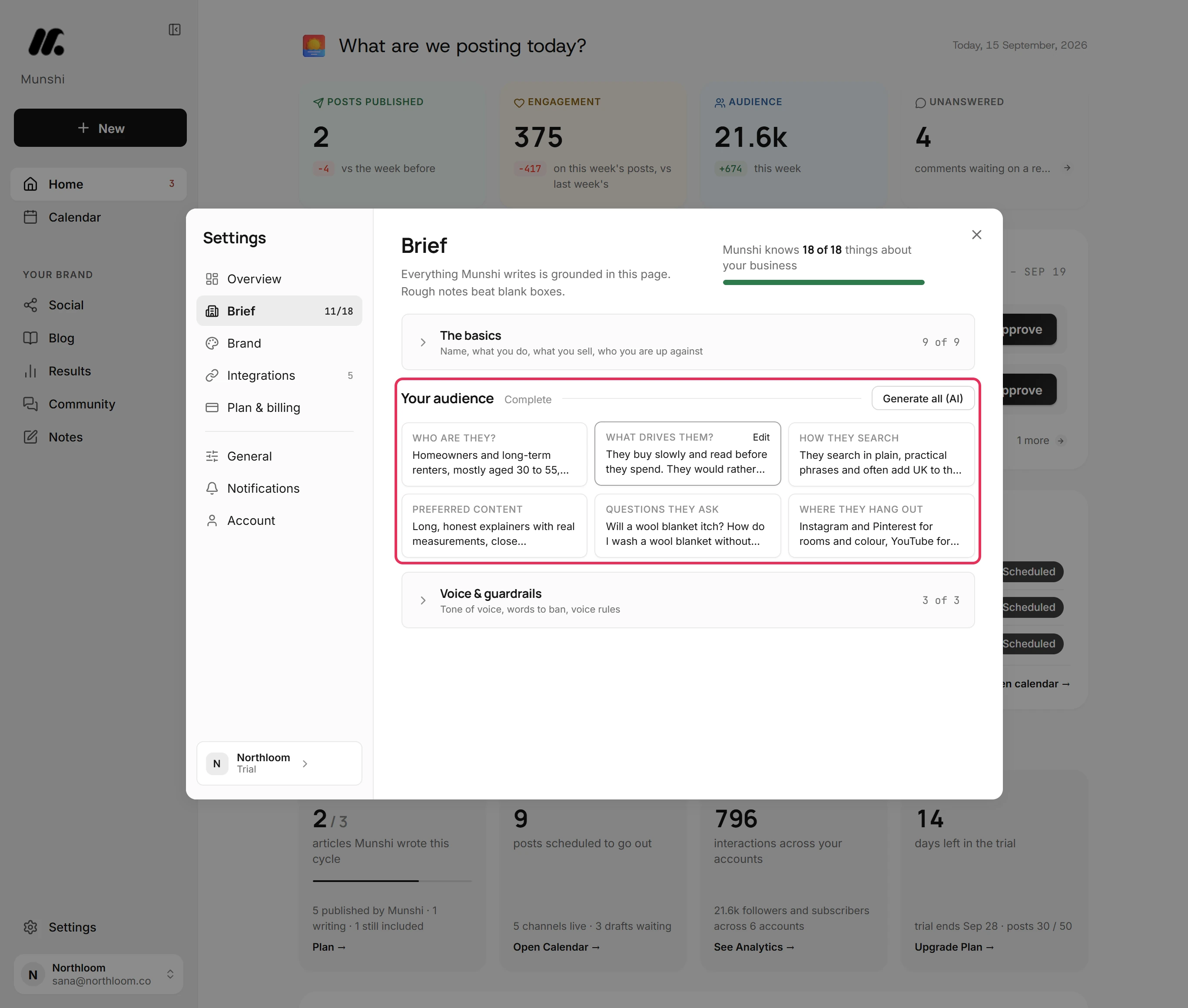 The Your audience tiles filled in with the researched answers, outlined.