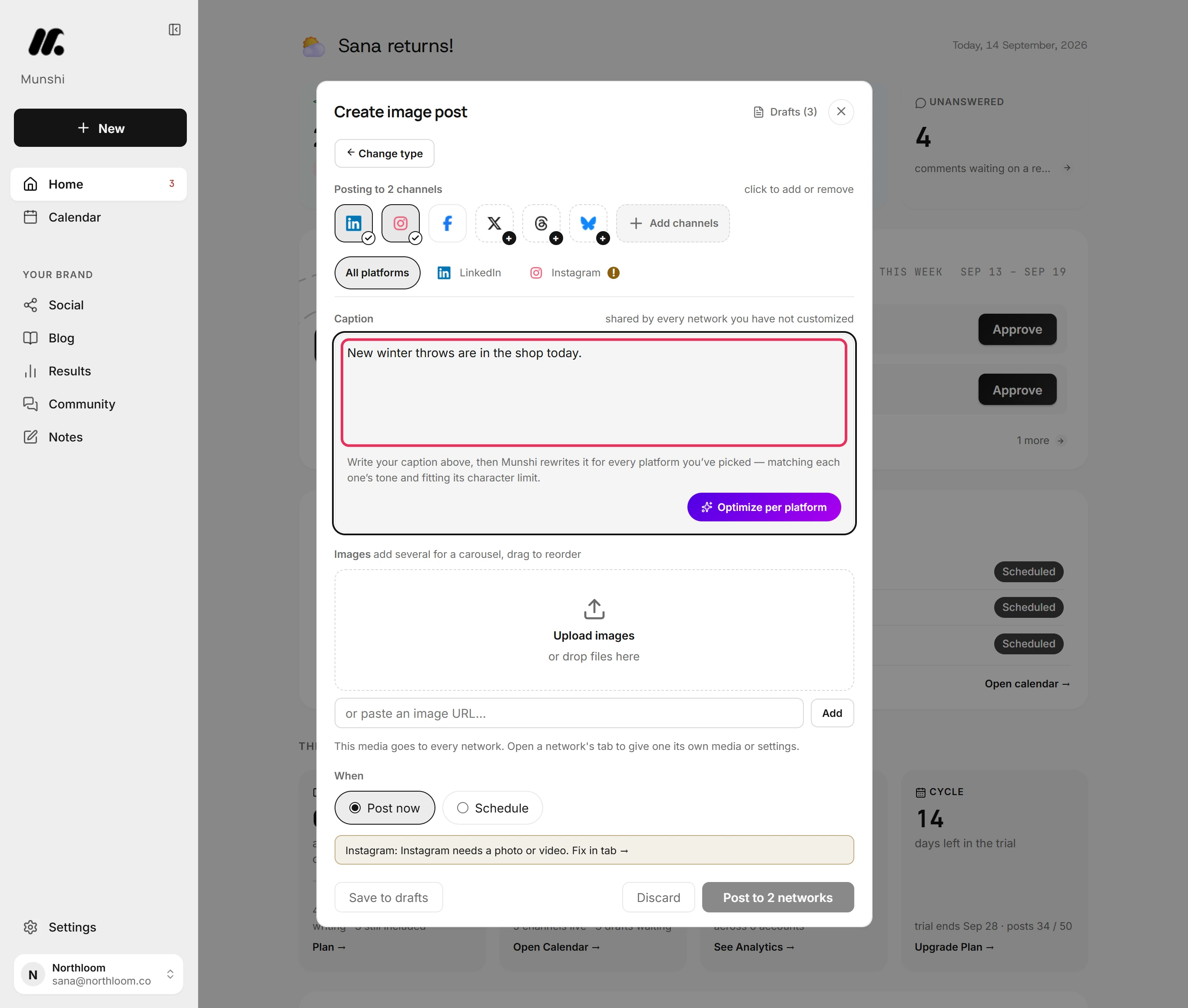 The All platforms tab with the shared caption typed in.